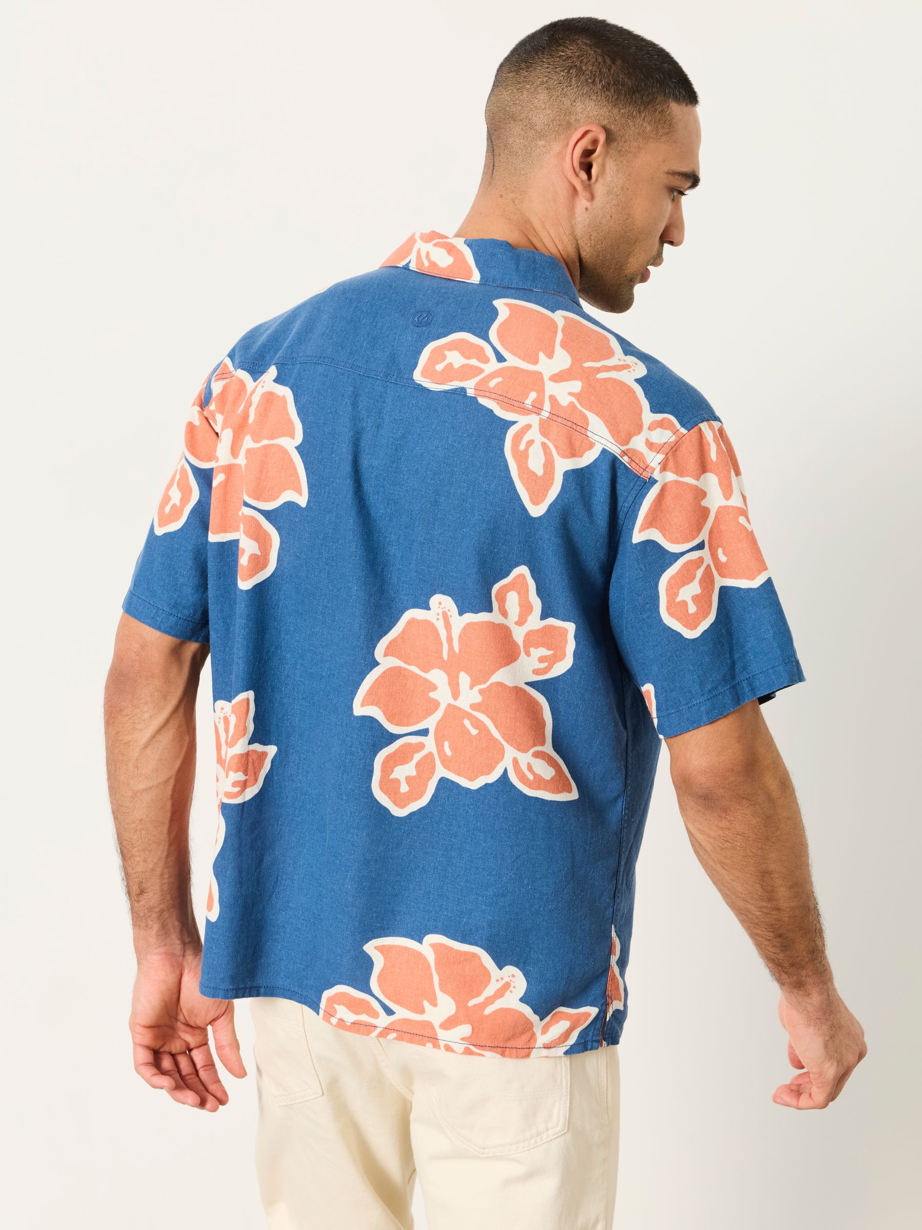 French Navy Short Sleeve Relaxed Fit Large Hawaiian Floral Shirt