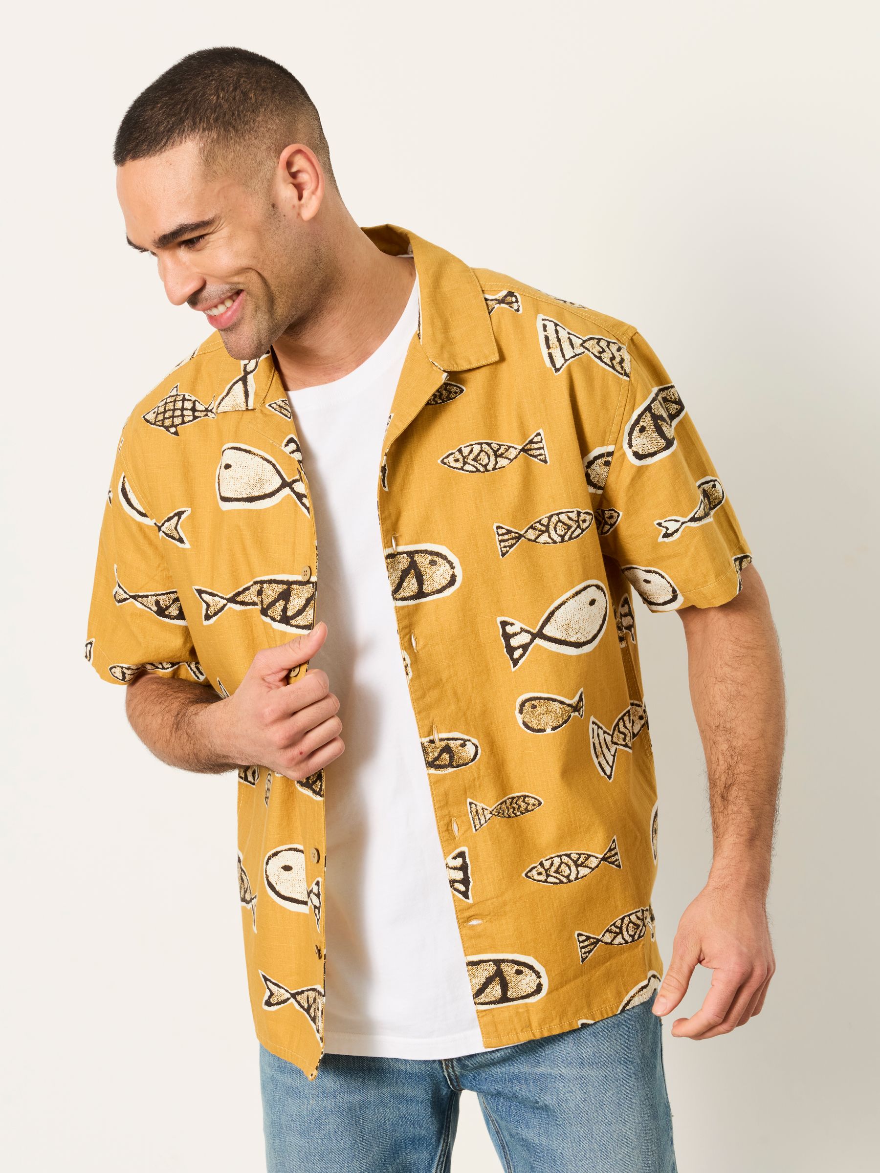 Dark Yellow Short Sleeve Relaxed Fit Fish Print Shirt - Image 1 of 1