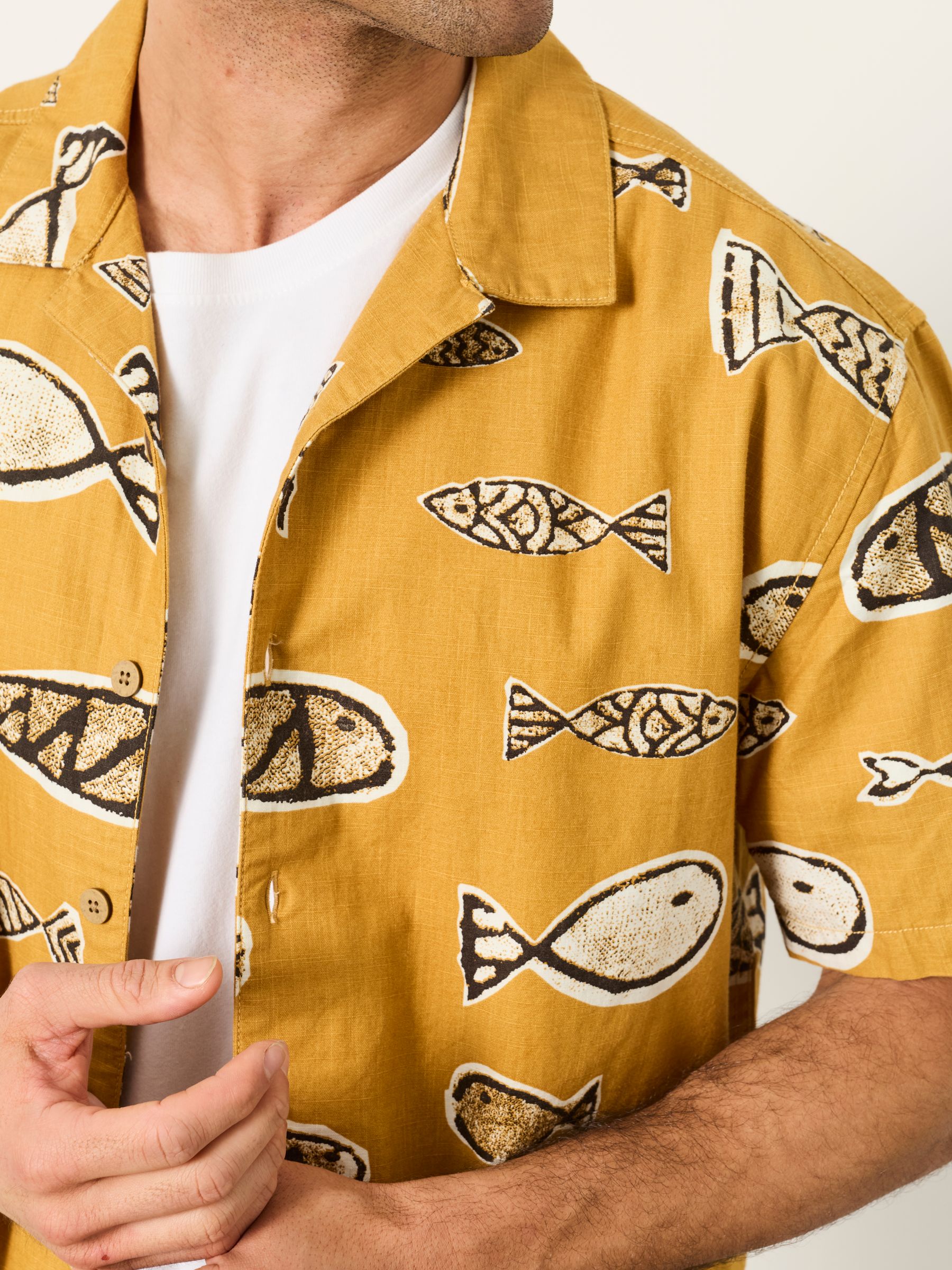 Dark Yellow Short Sleeve Relaxed Fit Fish Print Shirt - Image 3 of 6