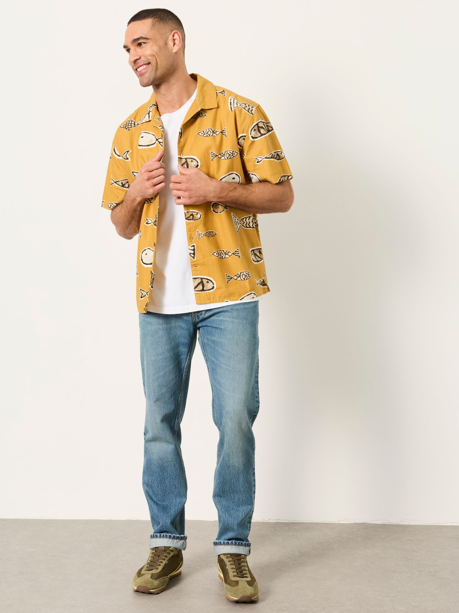 Dark Yellow Short Sleeve Relaxed Fit Fish Print Shirt - Image 4 of 6