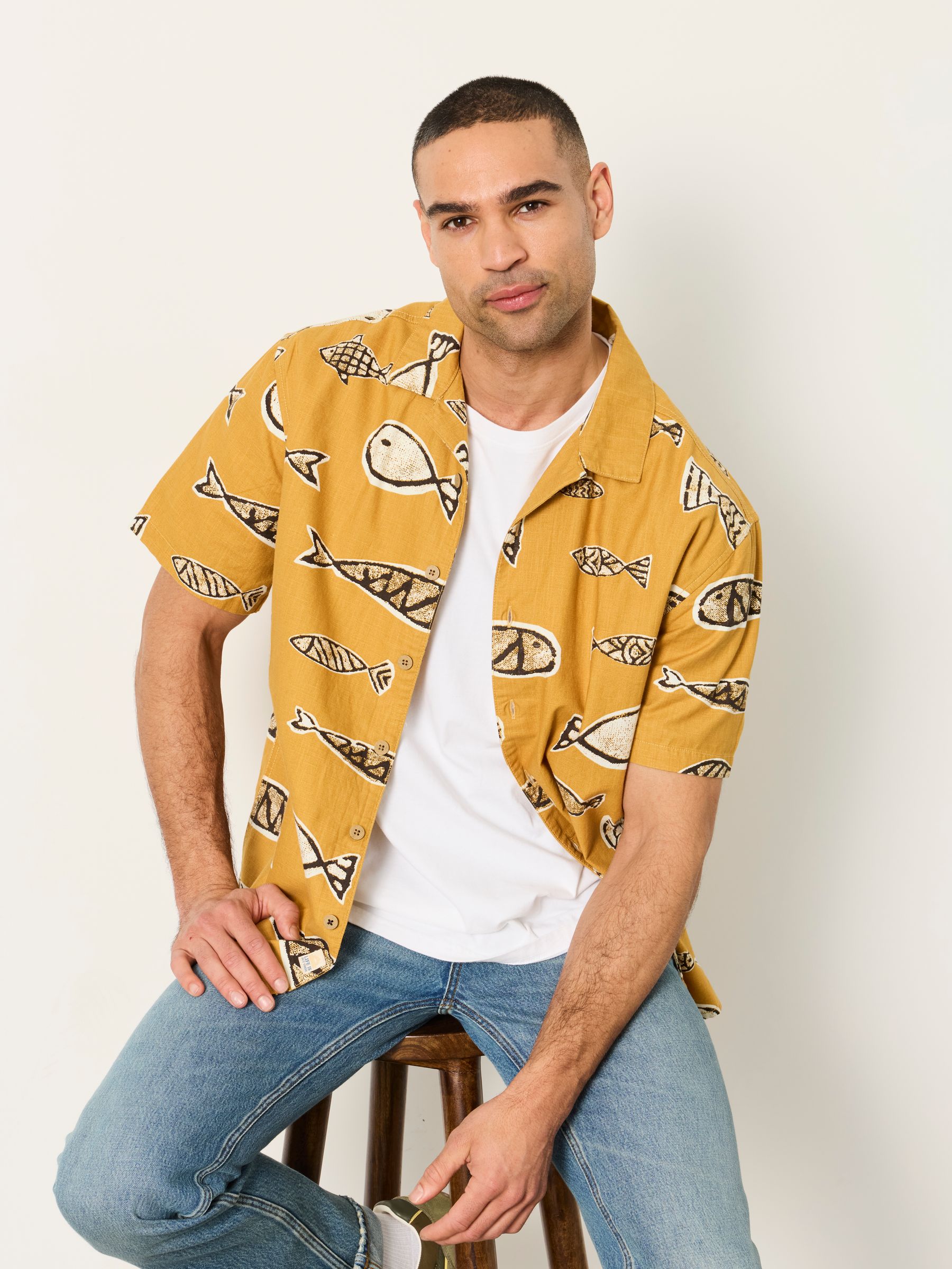 Dark Yellow Short Sleeve Relaxed Fit Fish Print Shirt - Image 5 of 6