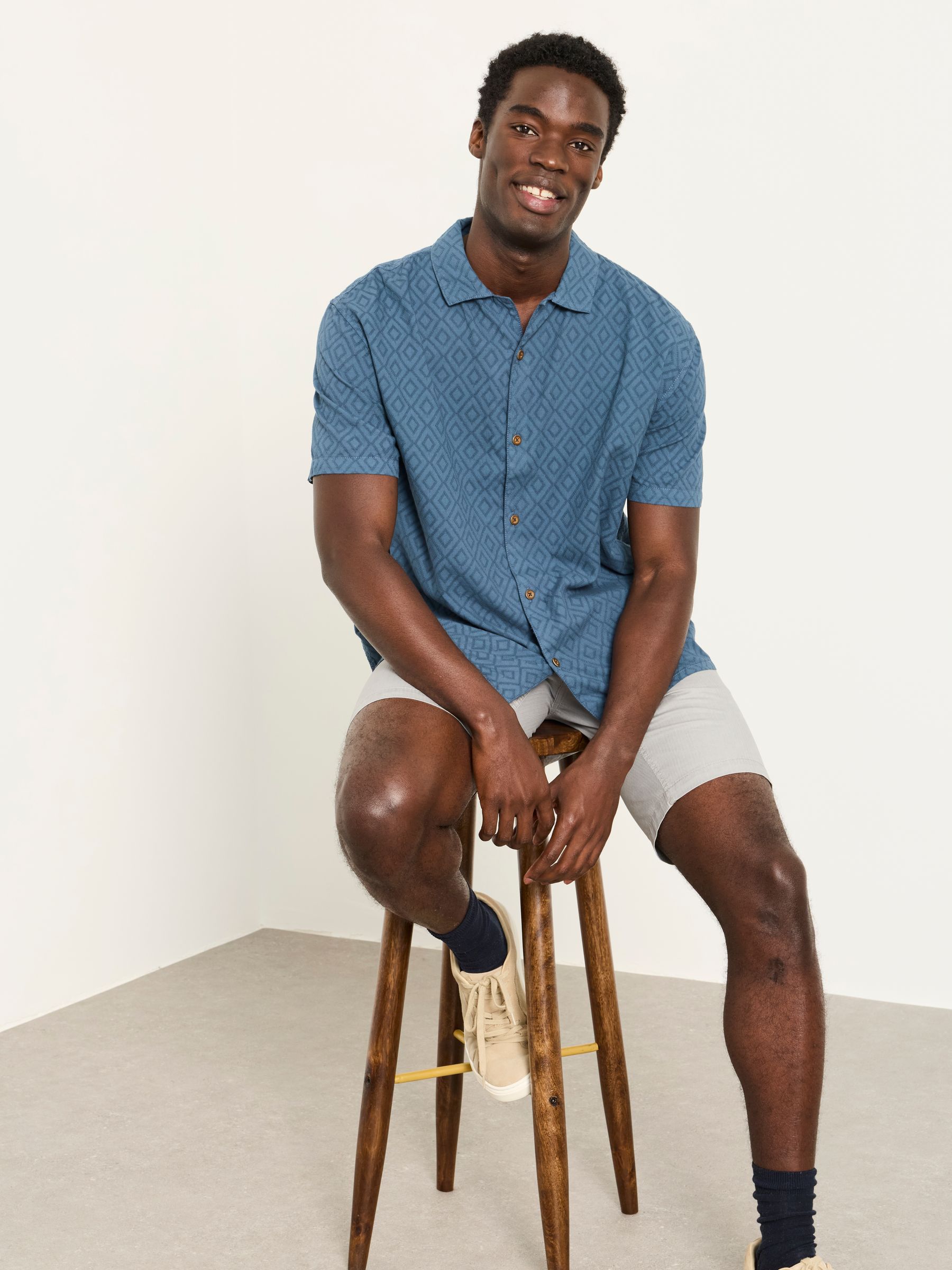 Dark Teal Blue Short Sleeve Relaxed Fit Garment Dye Geo Textured