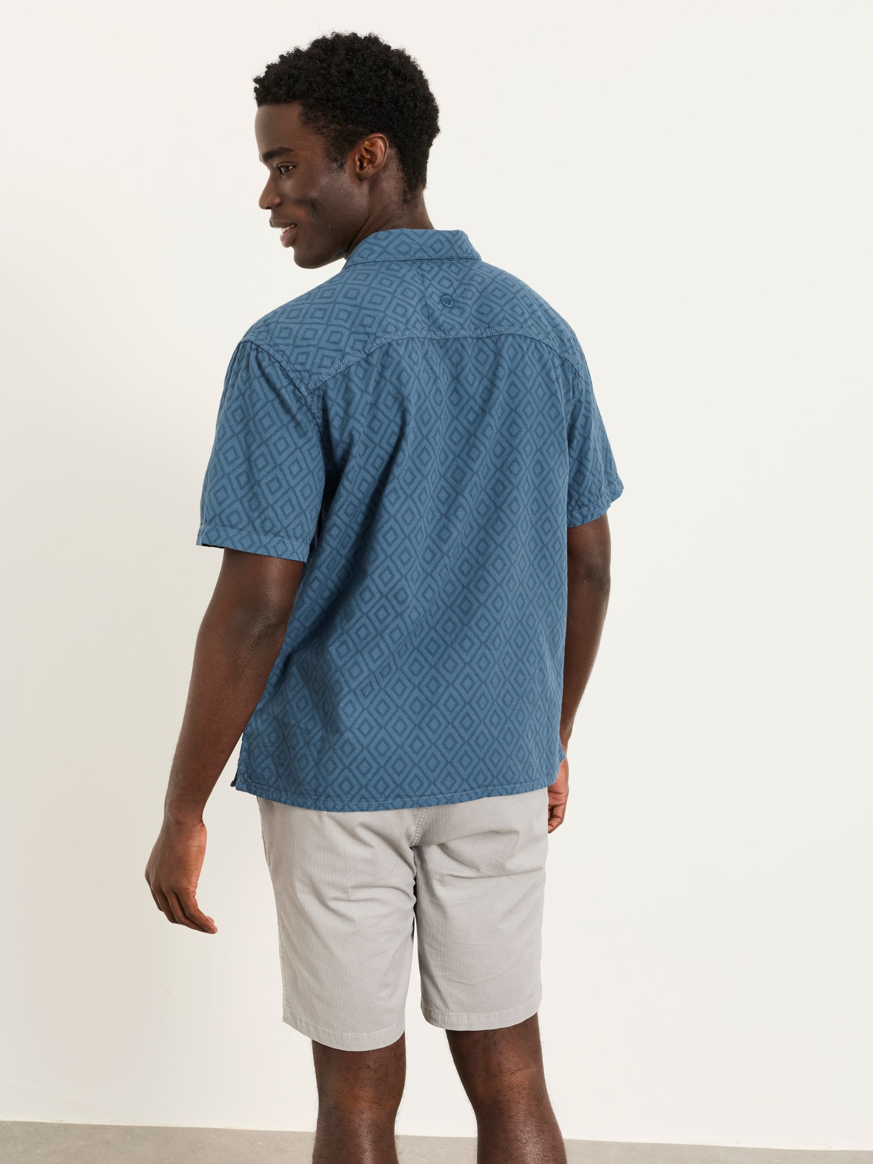 Dark Teal Blue Short Sleeve Relaxed Fit Garment Dye Geo Textured