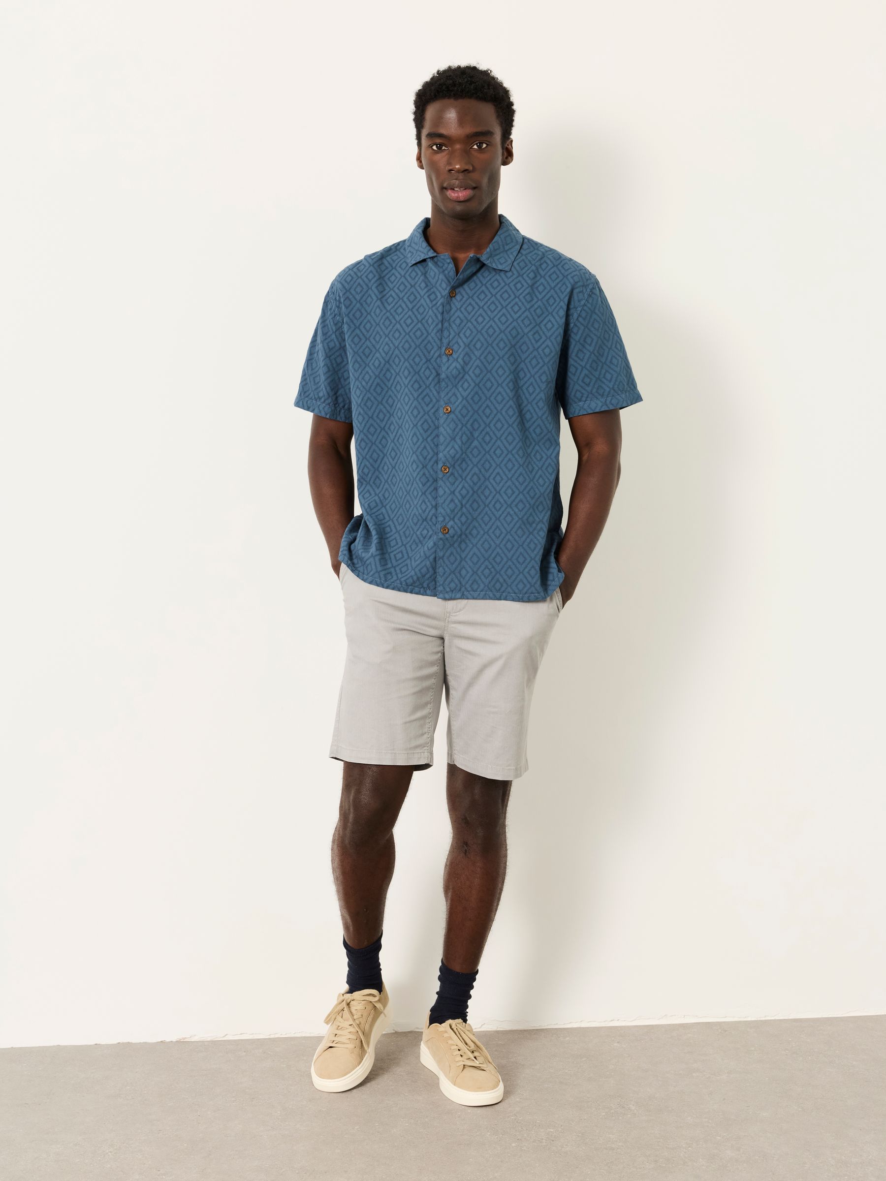 Dark Teal Blue Short Sleeve Relaxed Fit Garment Dye Geo Textured Shirt - Image 3 of 6