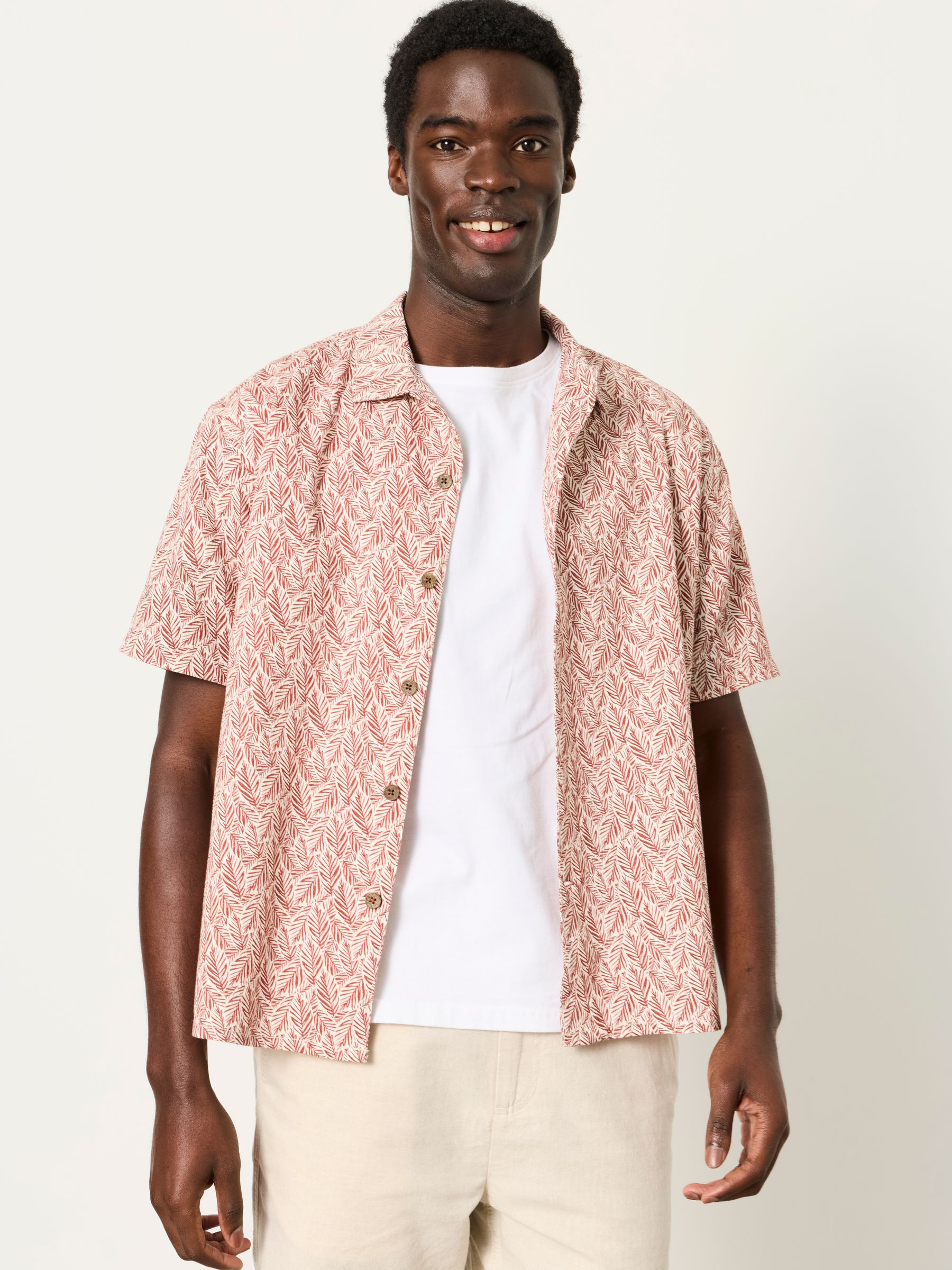 Rust Red Short Sleeve Relaxed Fit Linear Leaf Print Shirt