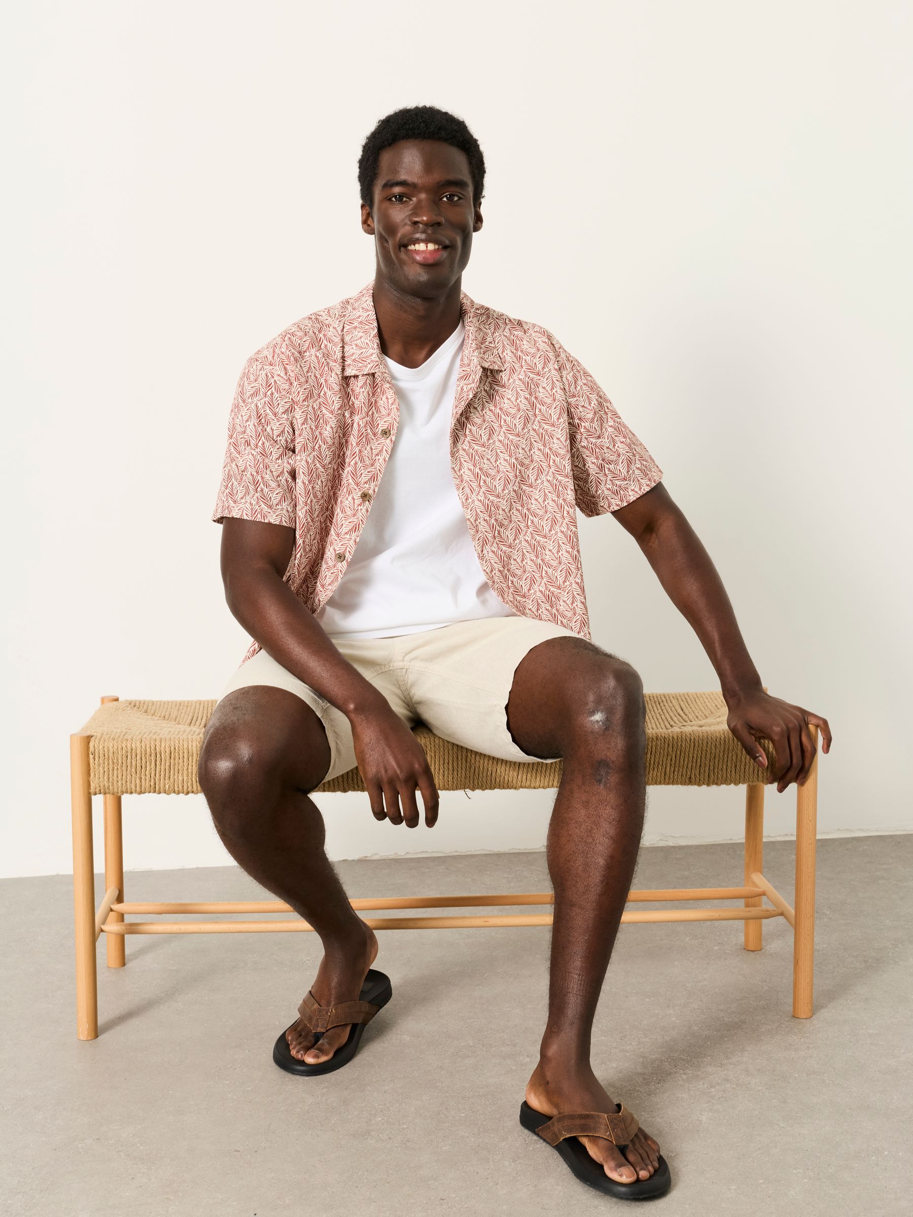 Rust Red Short Sleeve Relaxed Fit Linear Leaf Print Shirt