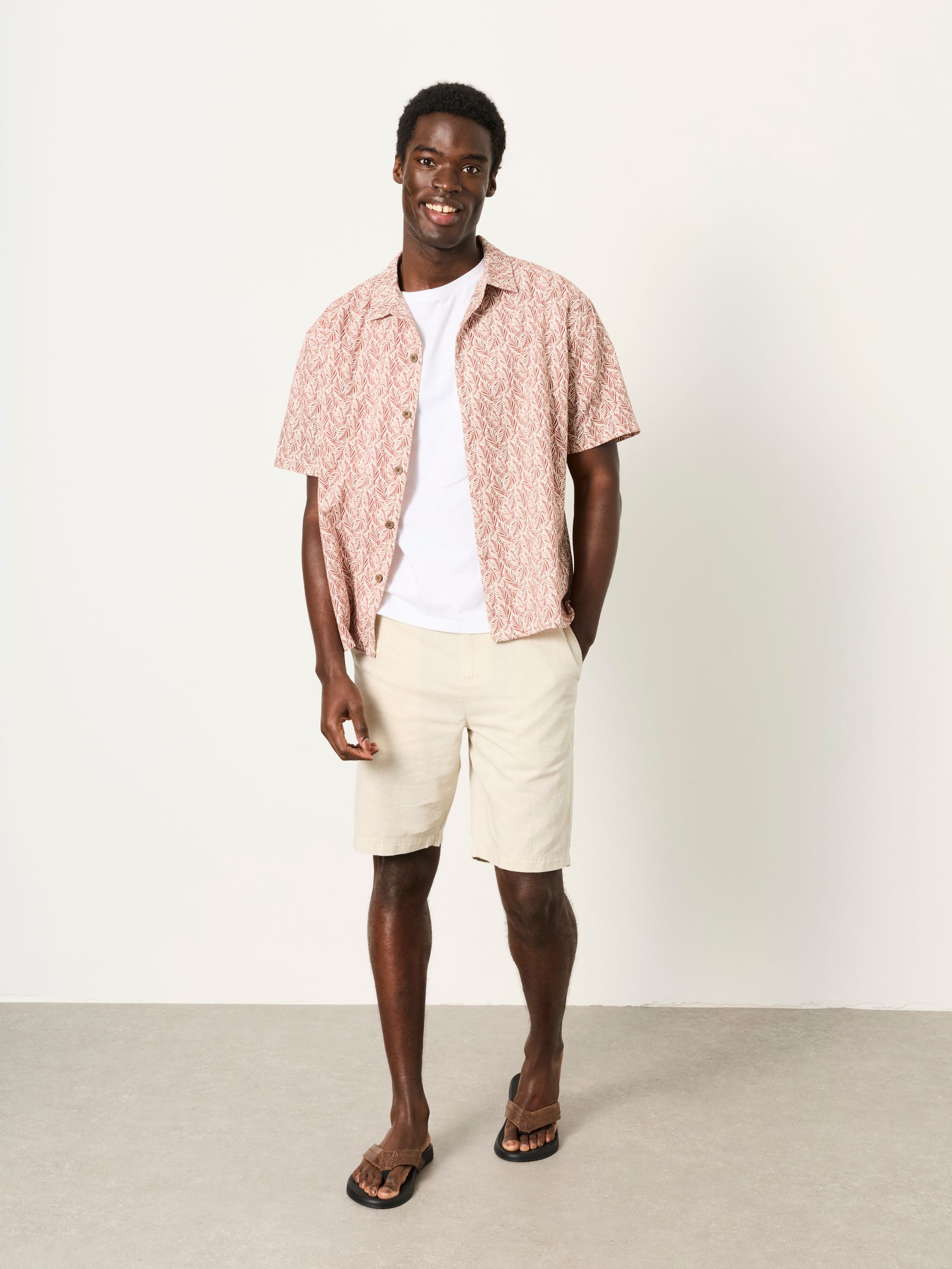 Rust Red Short Sleeve Relaxed Fit Linear Leaf Print Shirt