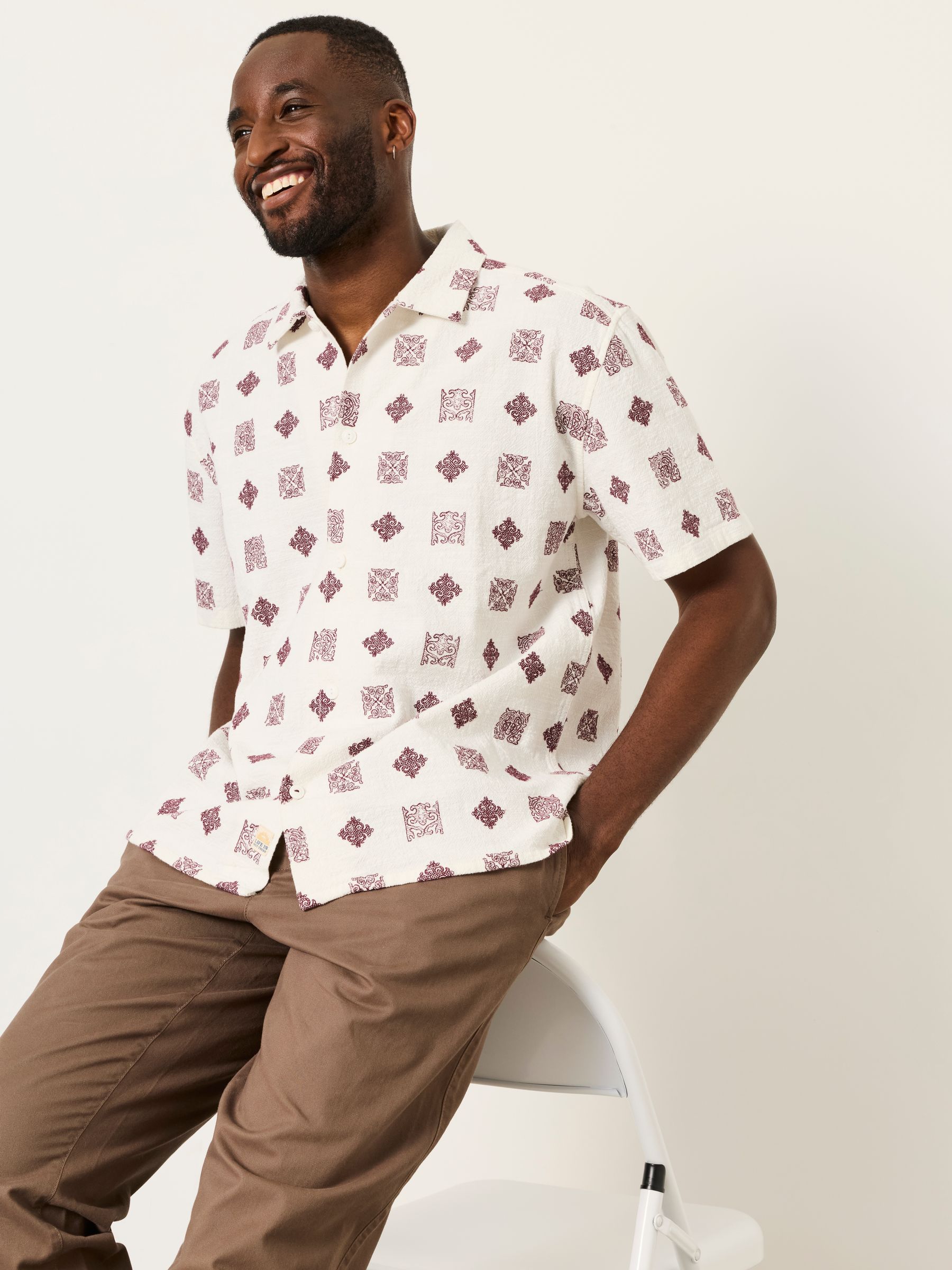 White Short Sleeve Relaxed Fit Placement Tile Embroidered Shirt - Image 1 of 5