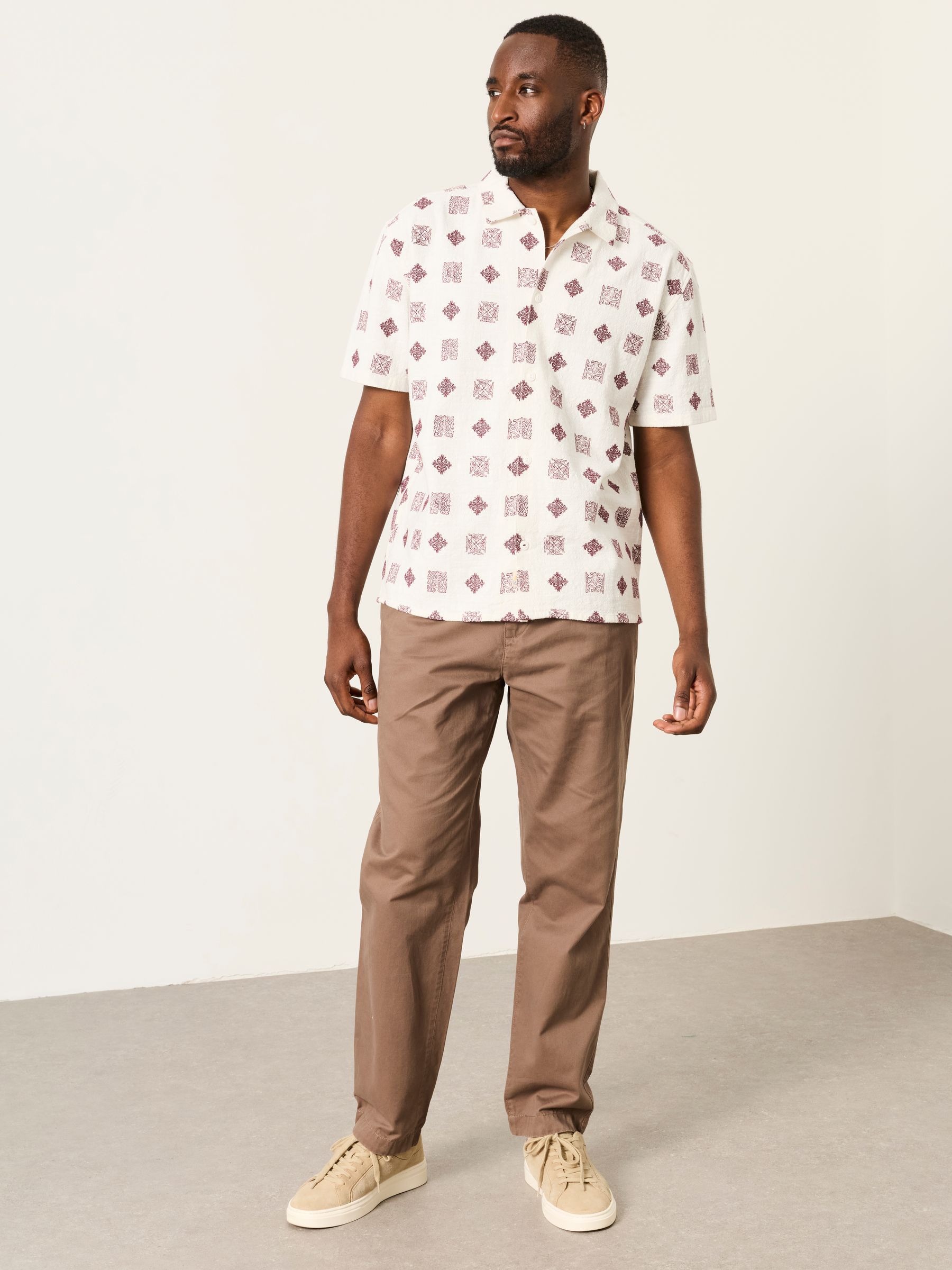 White Short Sleeve Relaxed Fit Placement Tile Embroidered Shirt - Image 3 of 5