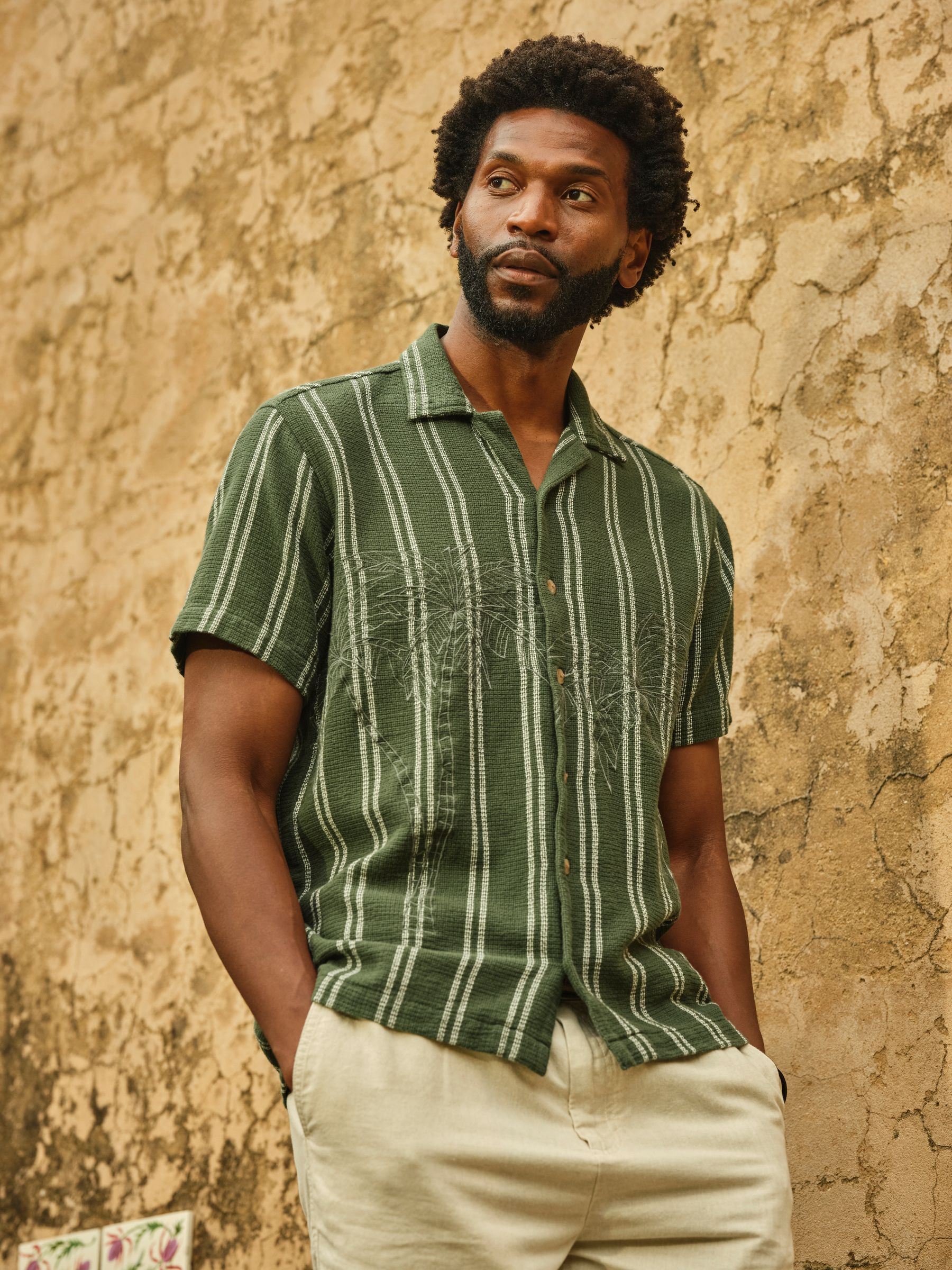 Dark Green Short Sleeve Relaxed Fit Stripe Shirt With Palm Embroidery - Image 1 of 6