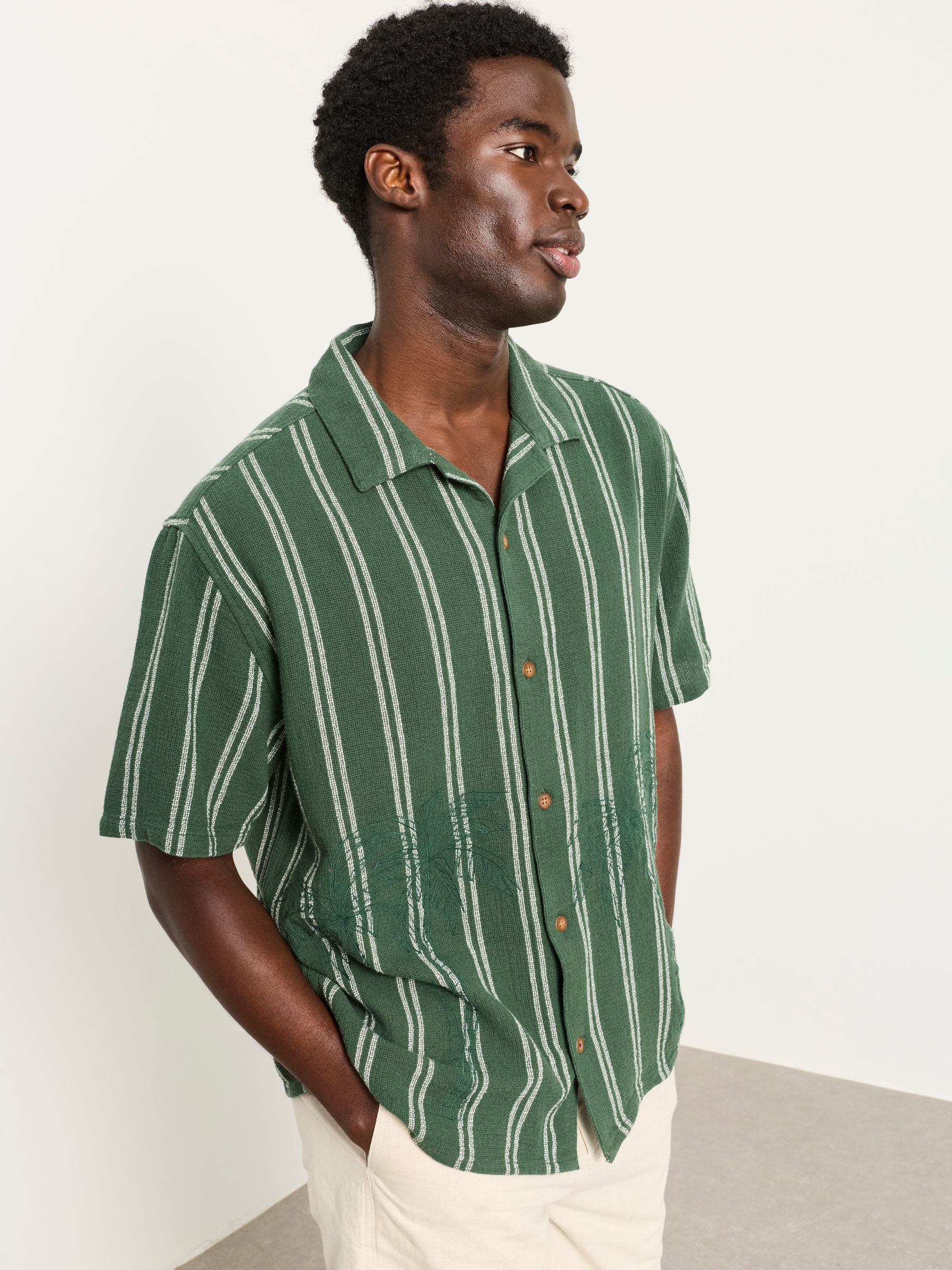 Dark Green Short Sleeve Relaxed Fit Stripe Shirt With Palm Embroidery - Image 2 of 6