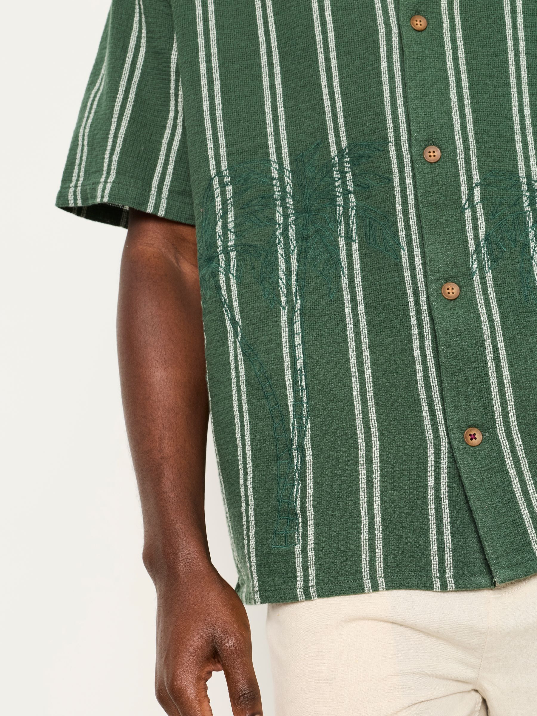 Dark Green Short Sleeve Relaxed Fit Stripe Shirt With Palm Embroidery - Image 5 of 6