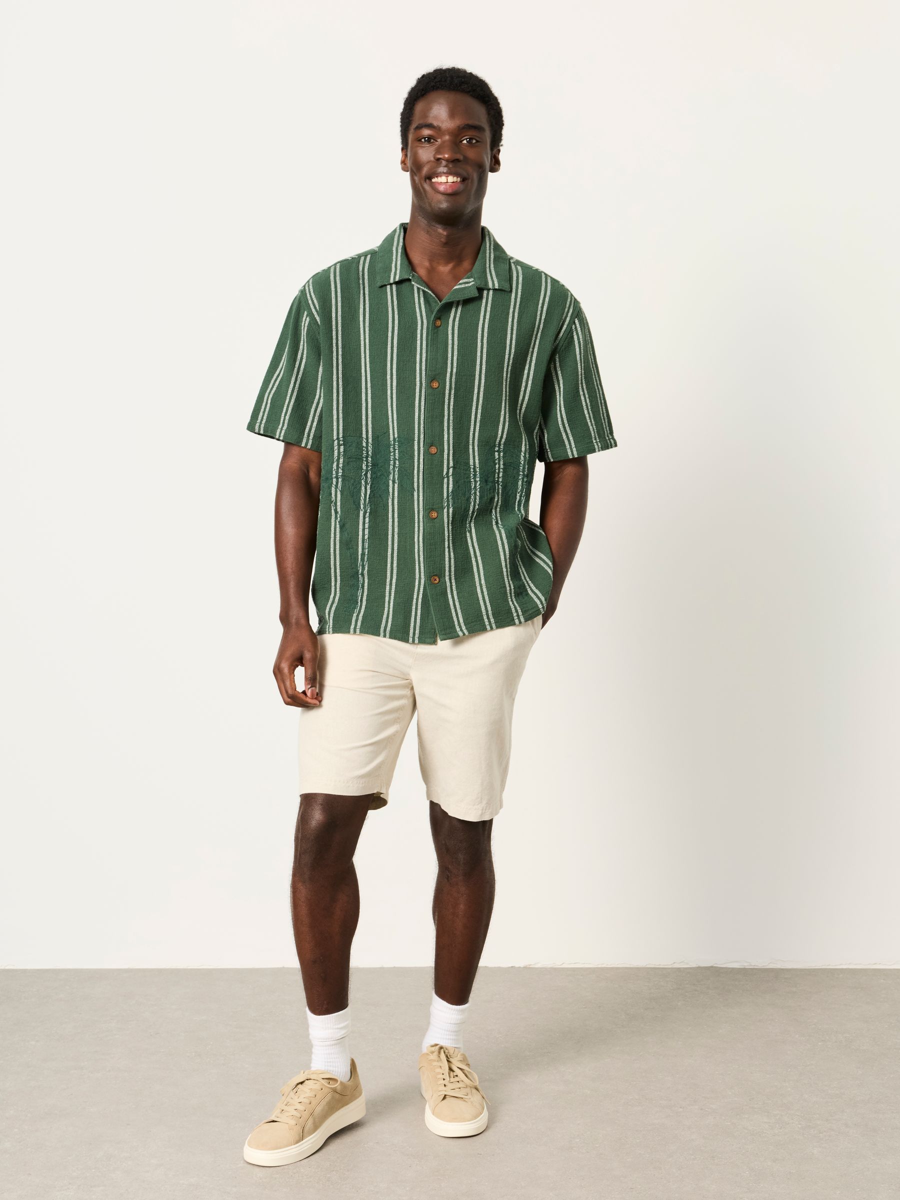 Dark Green Short Sleeve Relaxed Fit Stripe Shirt With Palm Embroidery - Image 6 of 6