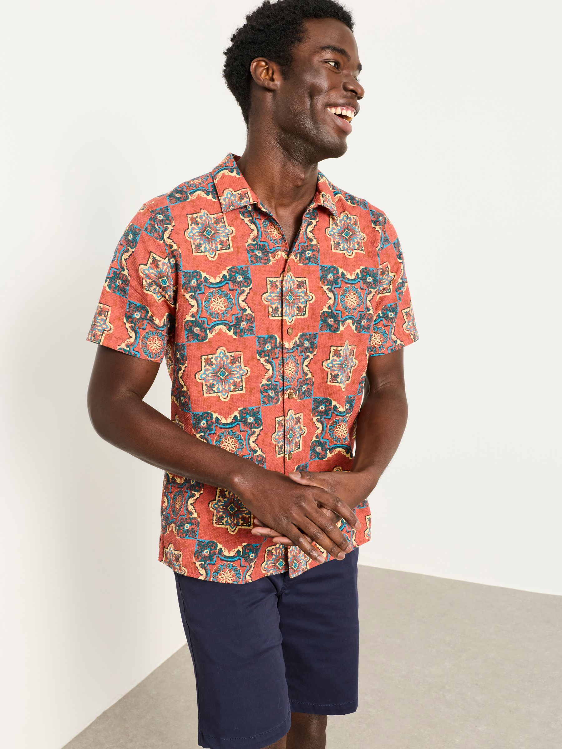 Rust Red Short Sleeve Tile Print Shirt - Image 1 of 5