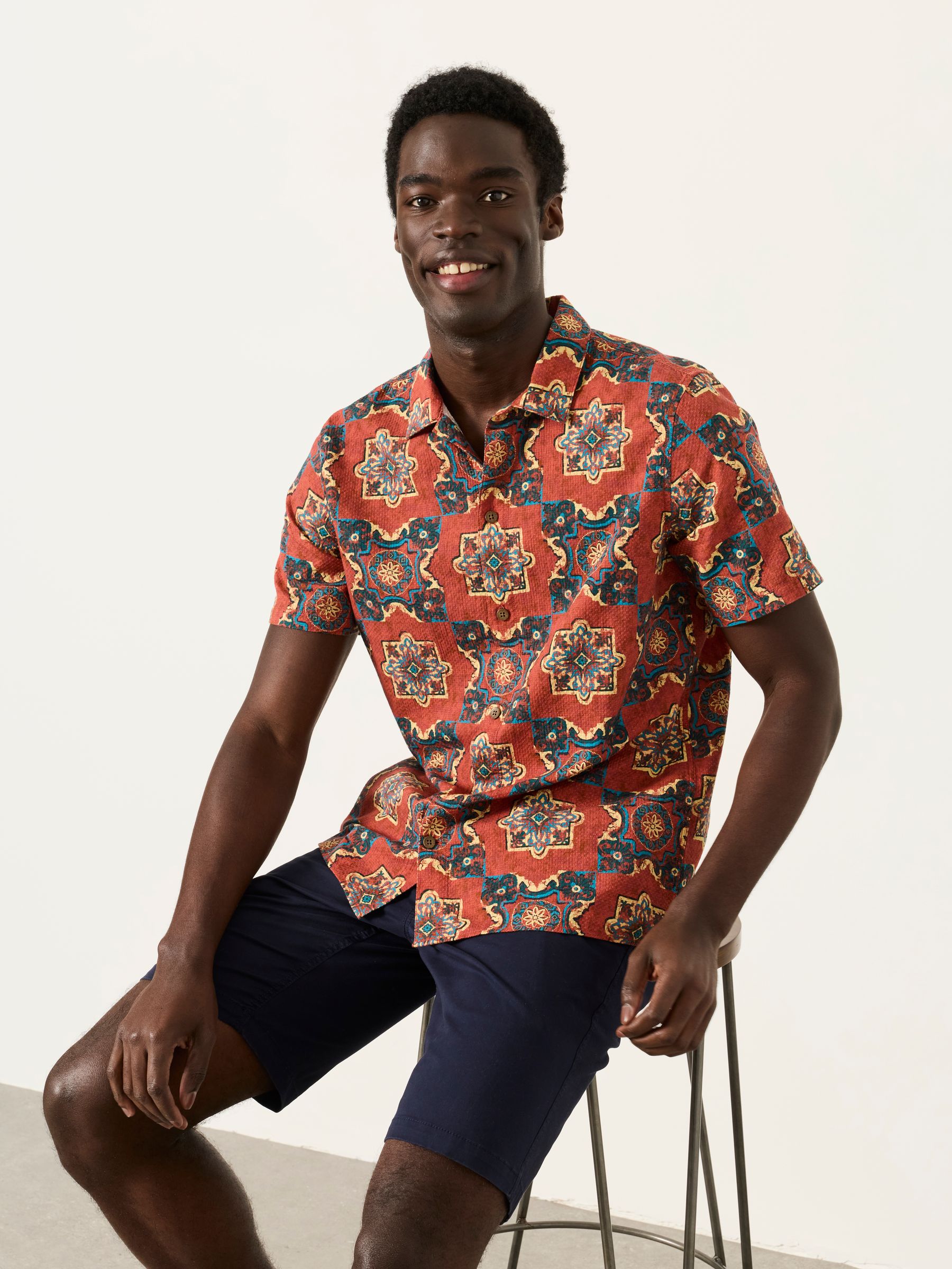 Rust Red Short Sleeve Tile Print Shirt - Image 4 of 5