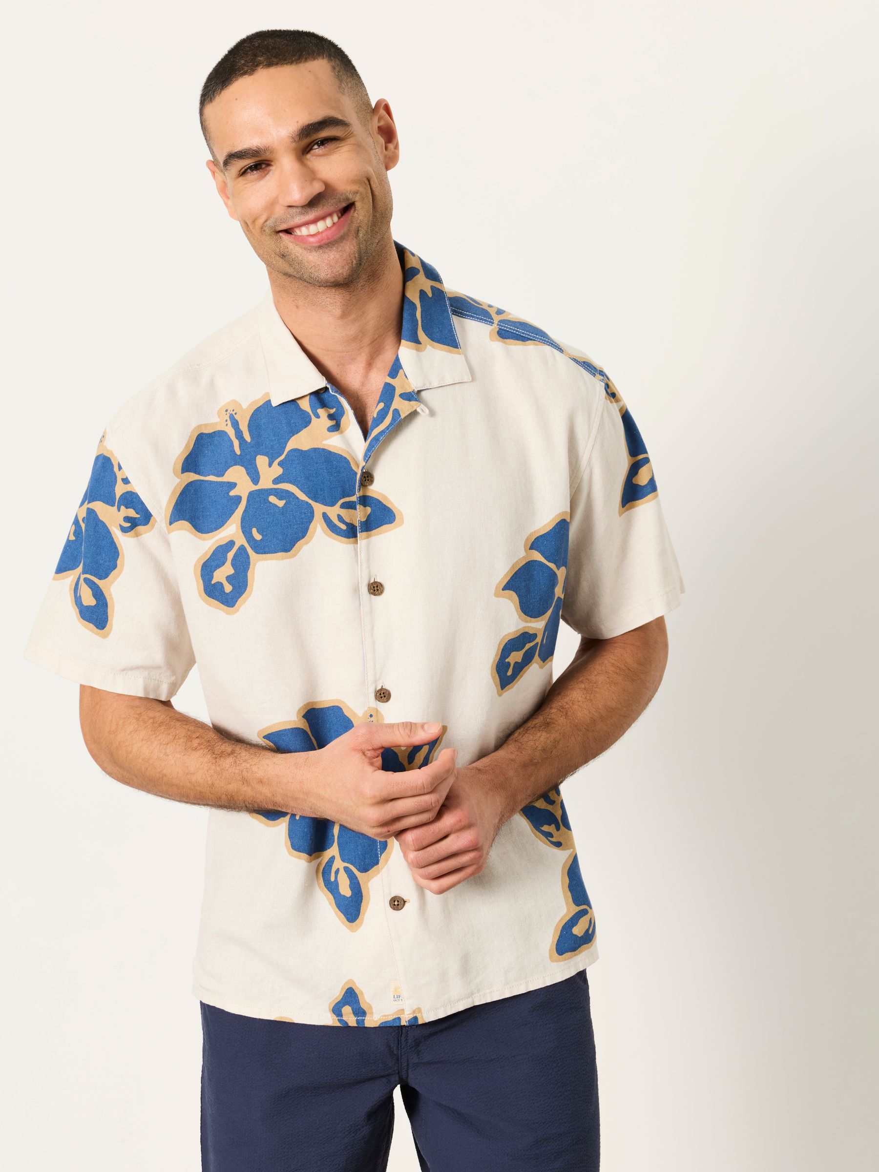 Natural Short Sleeve Relaxed Fit Large Hawaiian Floral Shirt - Image 1 of 6