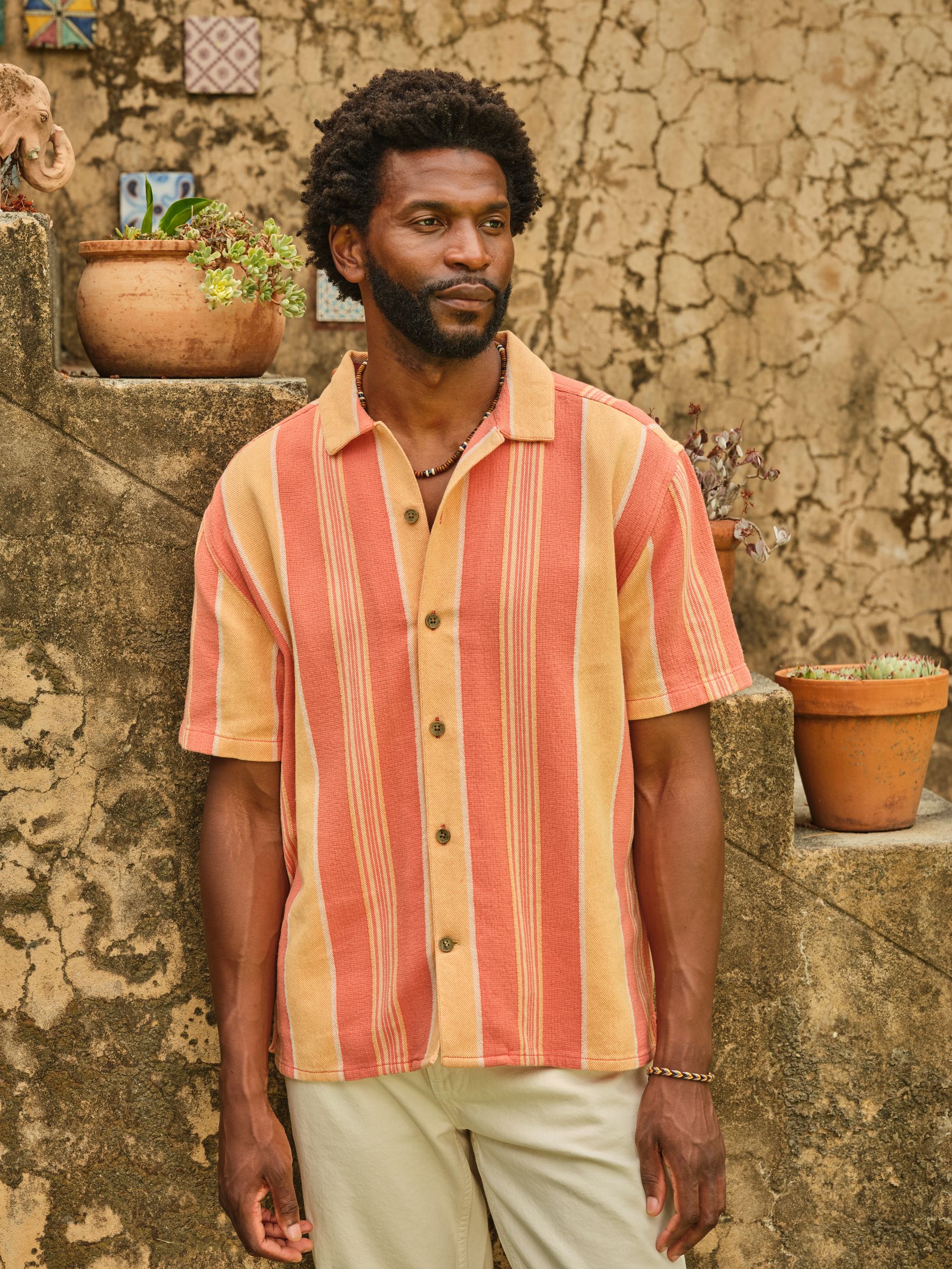 Coral Pink Short Sleeve Relaxed Fit Pier Stripe Shirt - Image 1 of 8