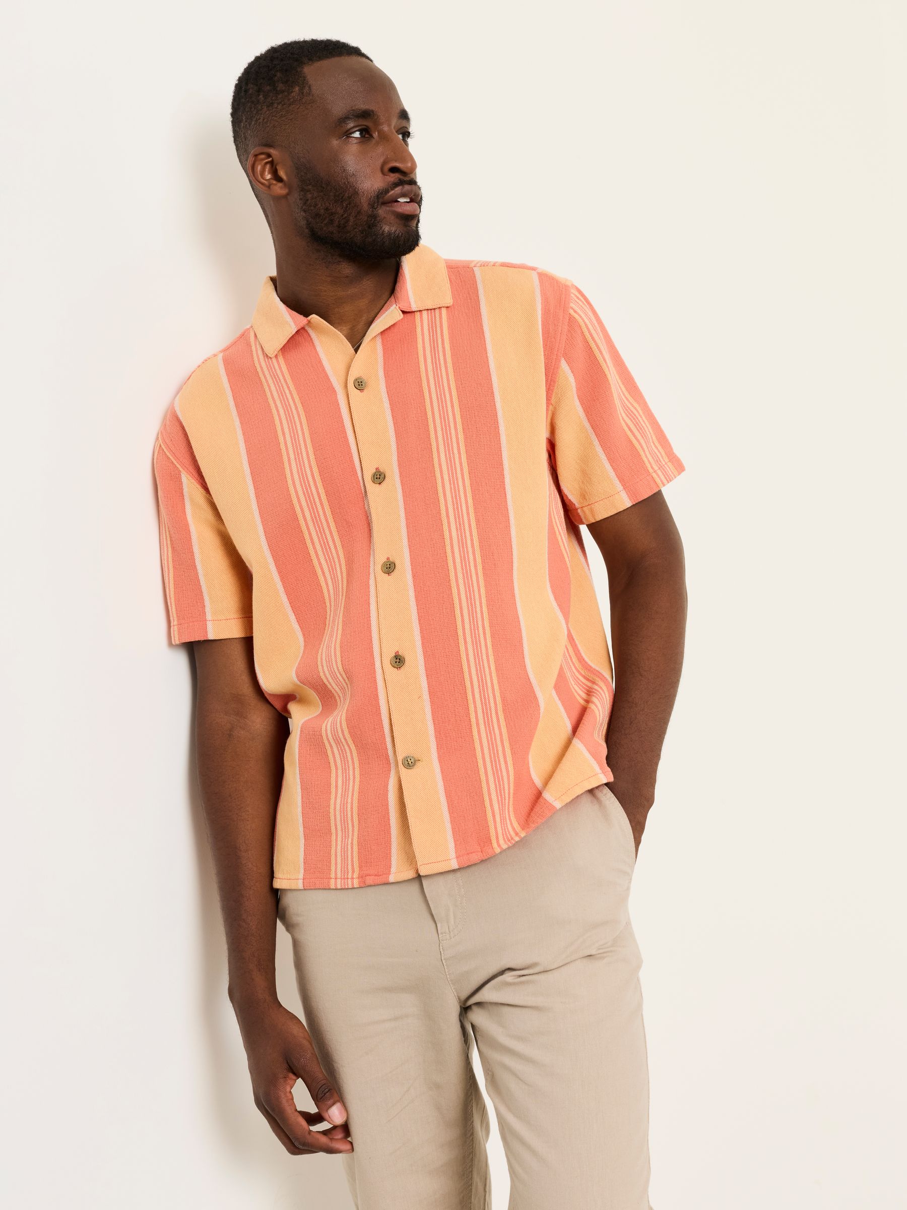 Fat Face - Coral Pink - Coral Pink Short Sleeve Relaxed Fit Pier Stripe Shirt