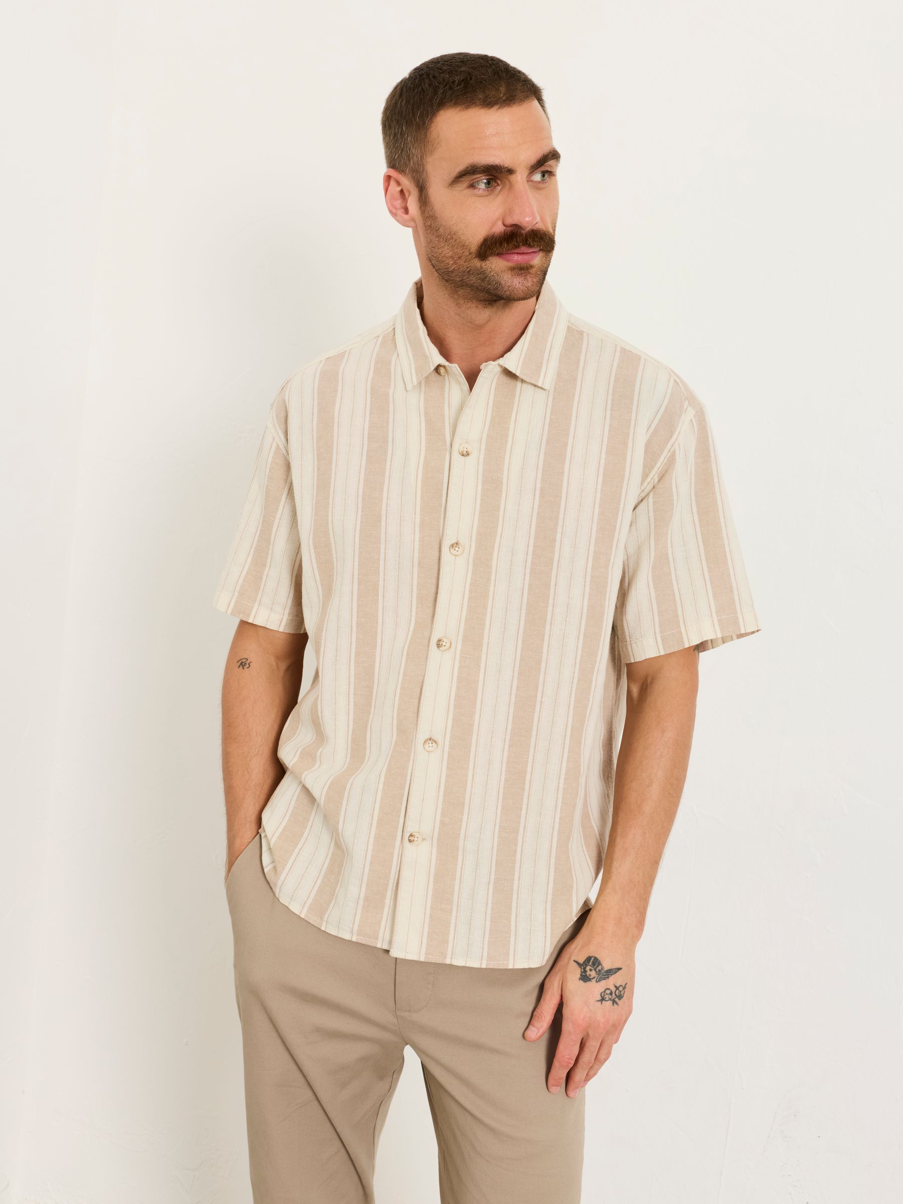 Natural Short Sleeve Relaxed Fit Linen Cotton Stripe Shirt - Image 1 of 6