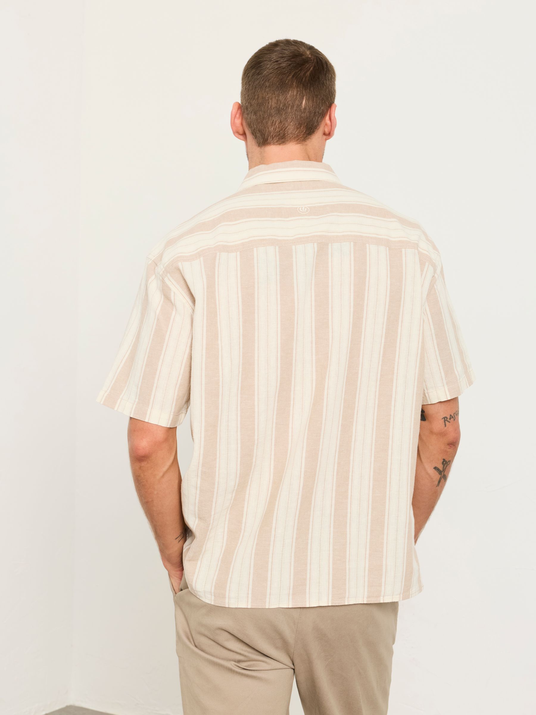 Natural Short Sleeve Relaxed Fit Linen Cotton Stripe Shirt - Image 2 of 6