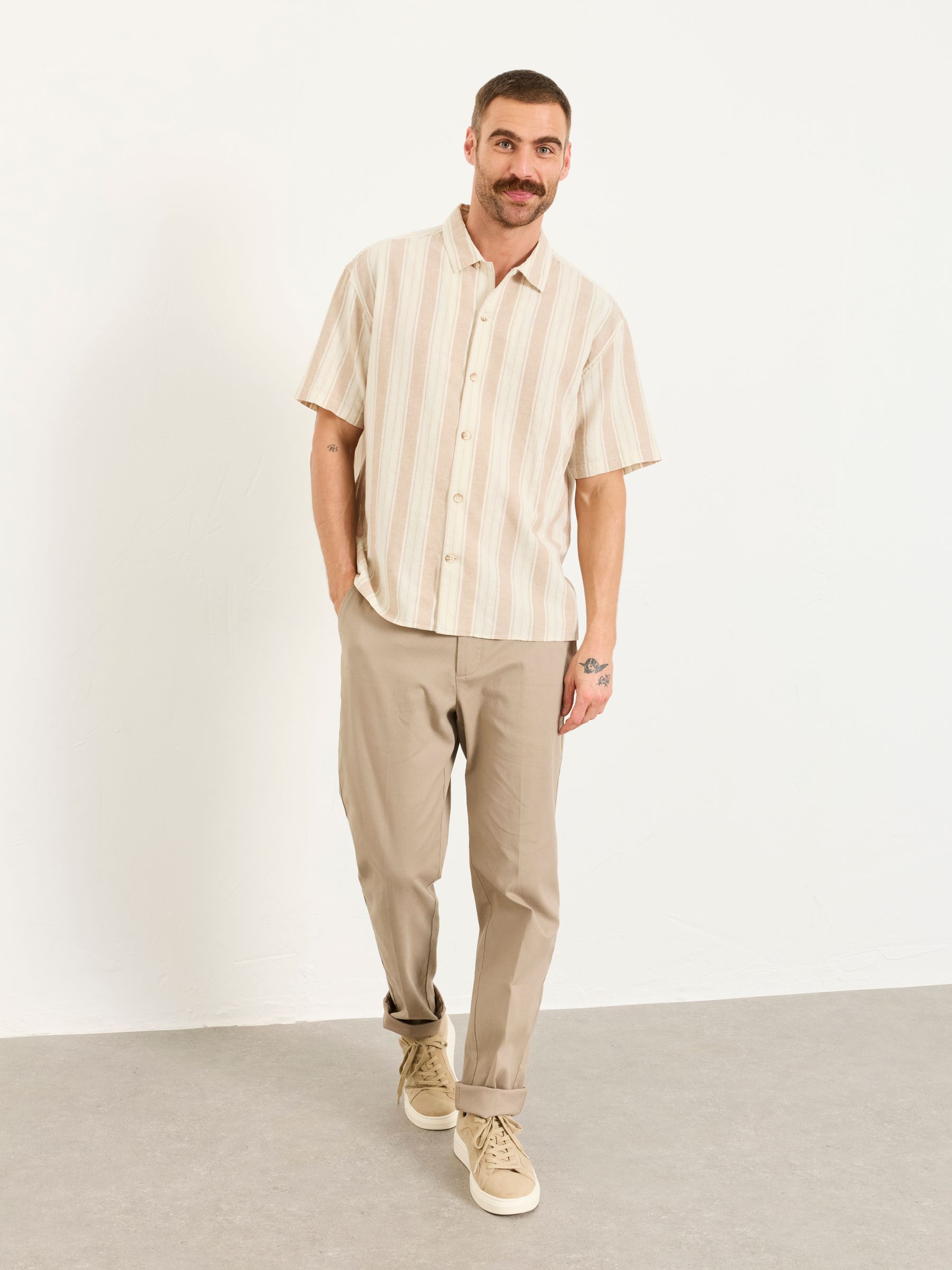 Natural Short Sleeve Relaxed Fit Linen Cotton Stripe Shirt - Image 3 of 6