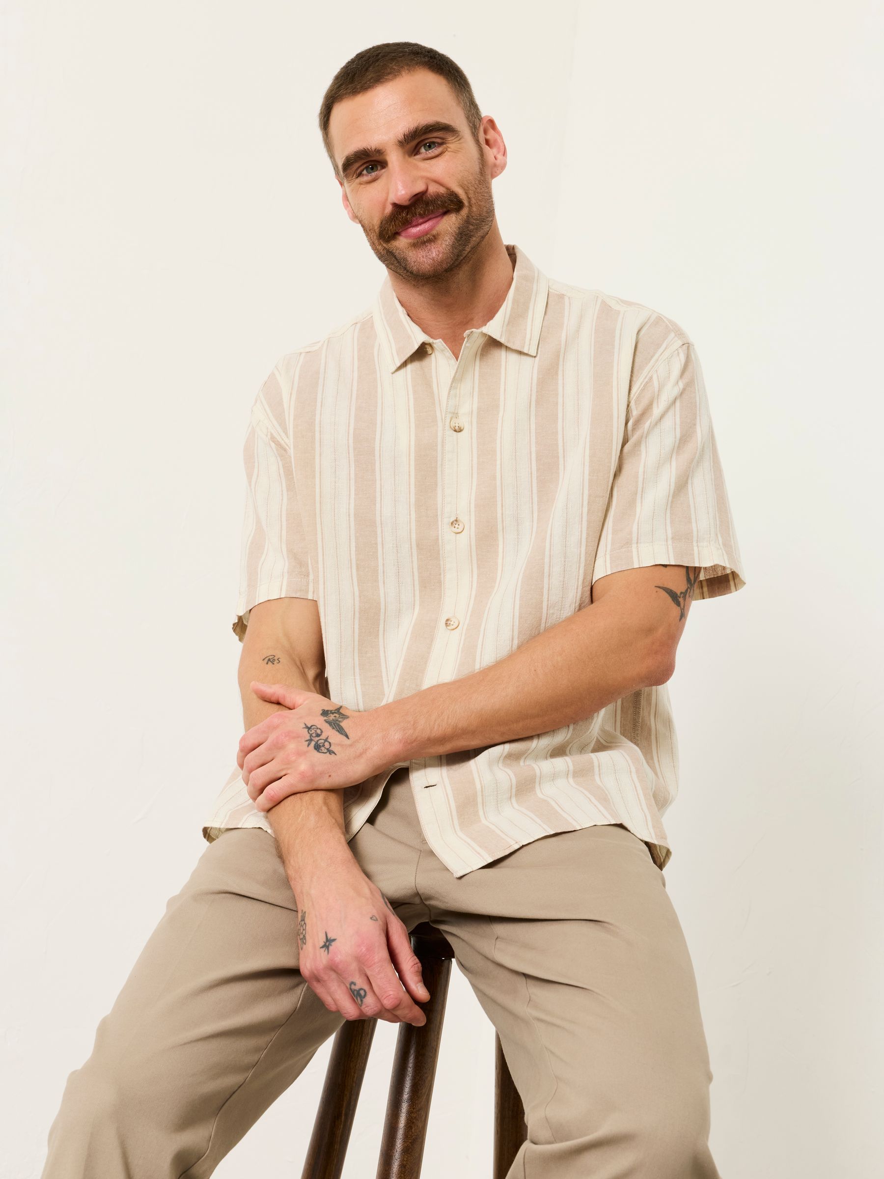 Natural Short Sleeve Relaxed Fit Linen Cotton Stripe Shirt - Image 5 of 6
