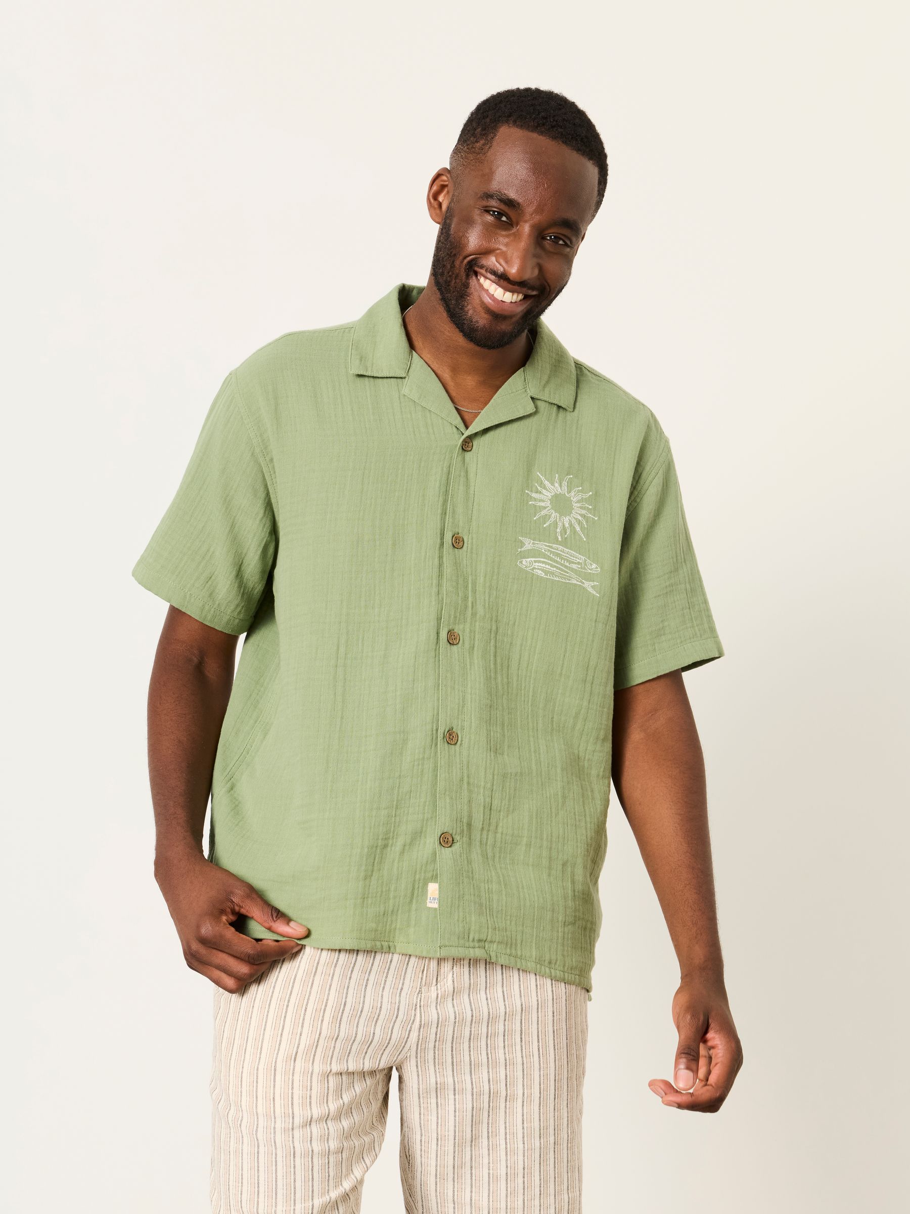 Green Short Sleeve Relaxed Fit Oliva Placement Embroidery Shirt - Image 1 of 7