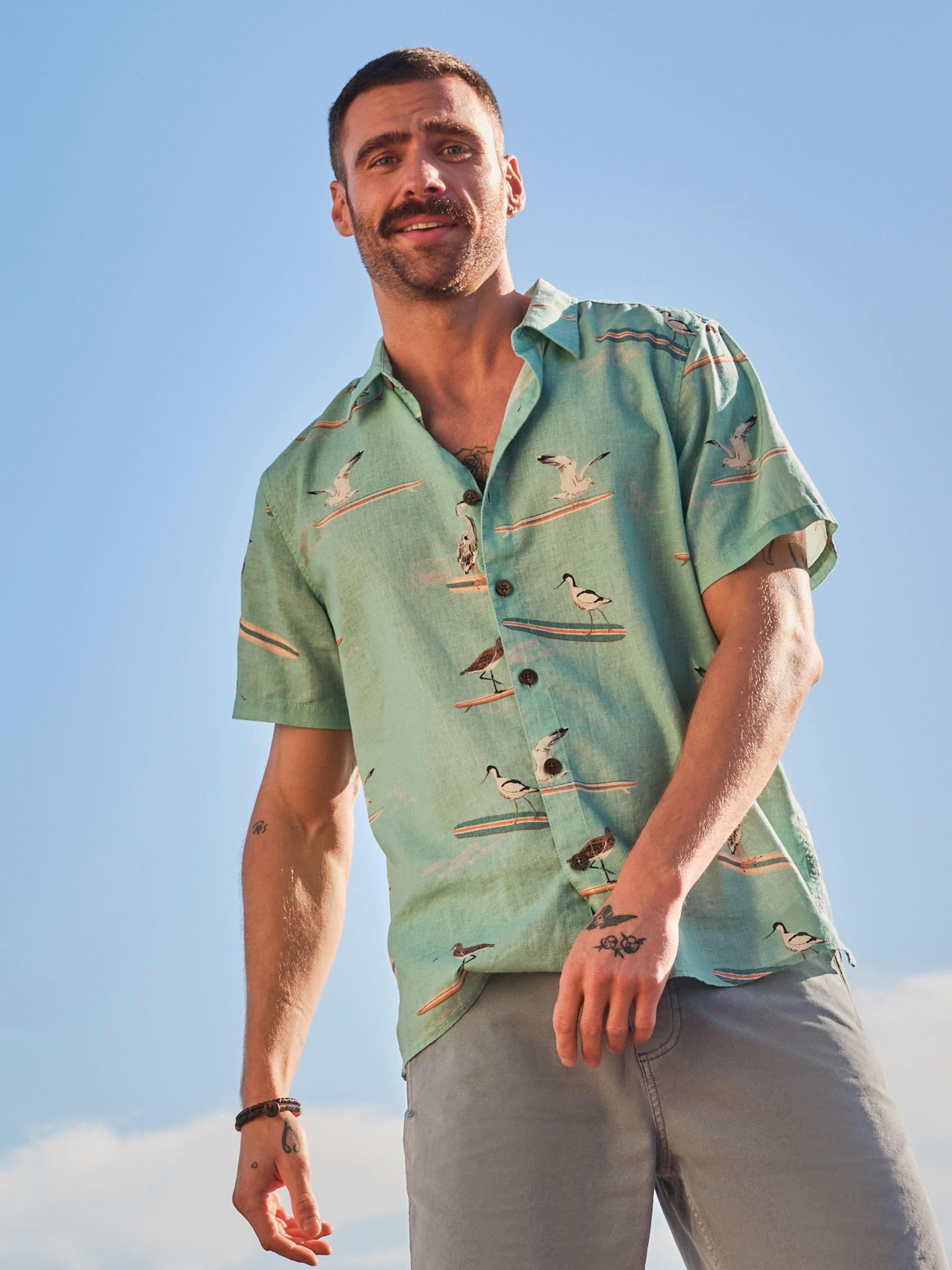 Light Teal Short Sleeve Relaxed Fit Bird Print Shirt - Image 1 of 8