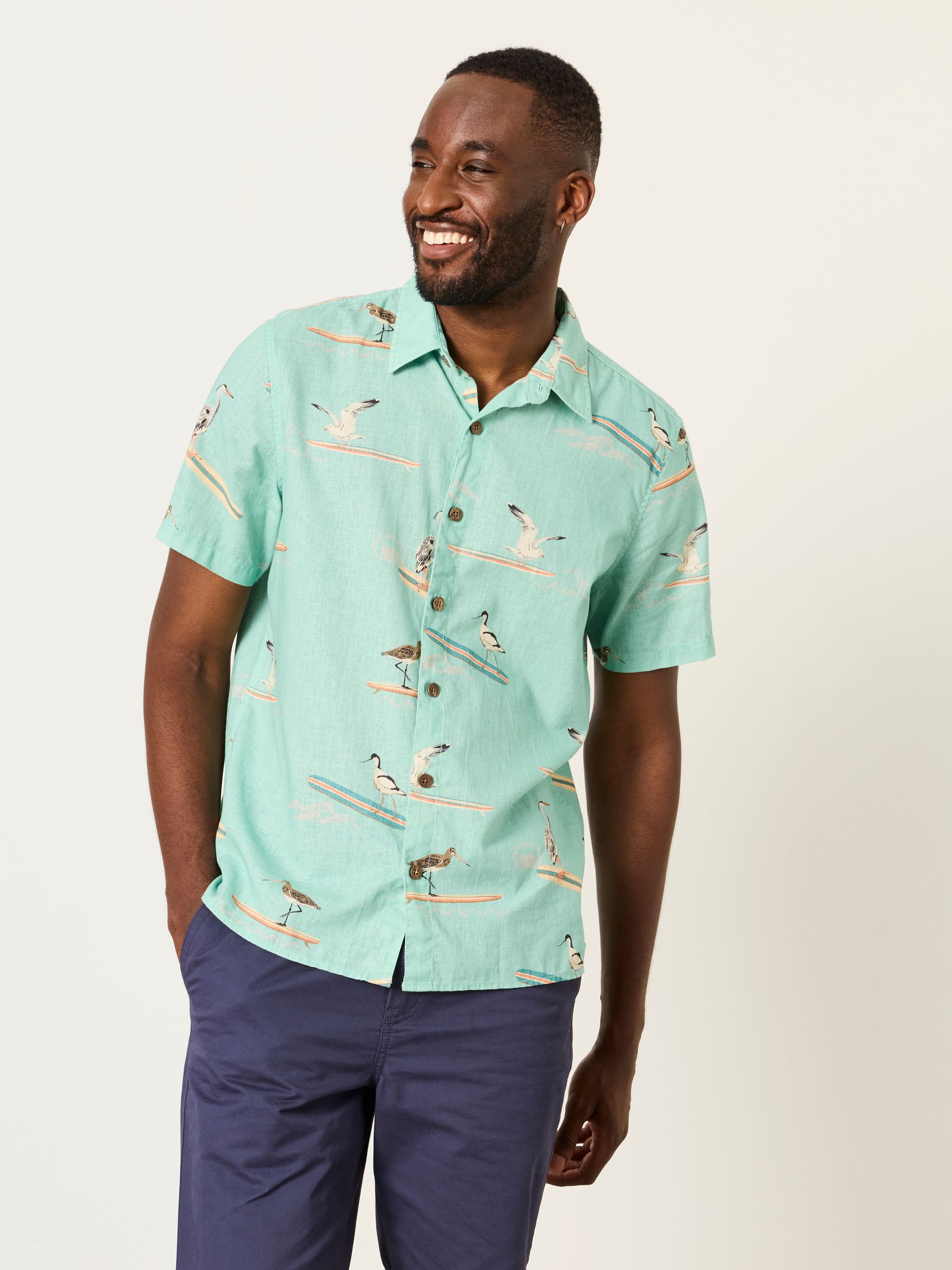 Light Teal Short Sleeve Relaxed Fit Bird Print Shirt - Image 3 of 8