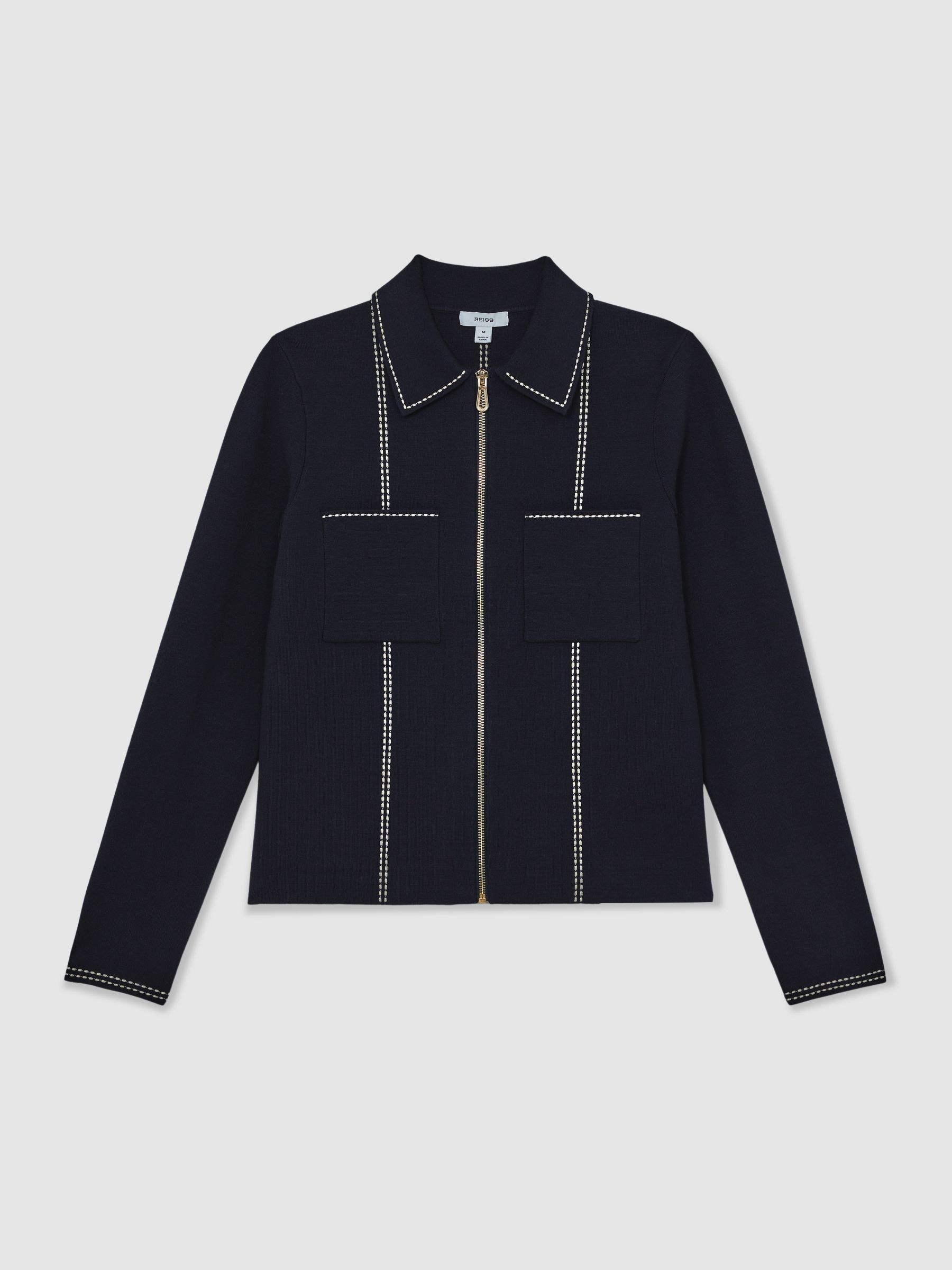 Stitch-Detail Zip-Through Cardigan in Navy - Image 2 of 6