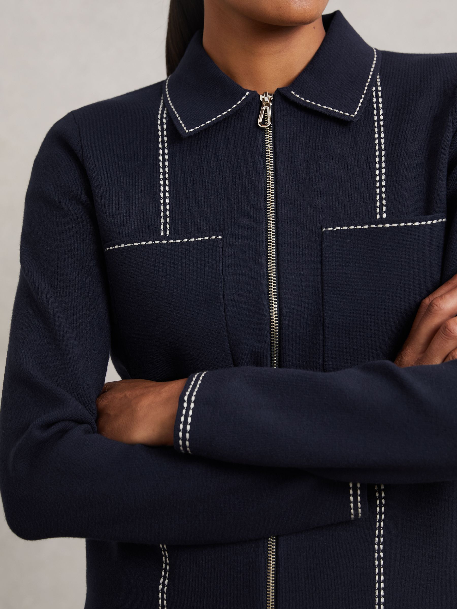Stitch-Detail Zip-Through Cardigan in Navy - Image 3 of 6