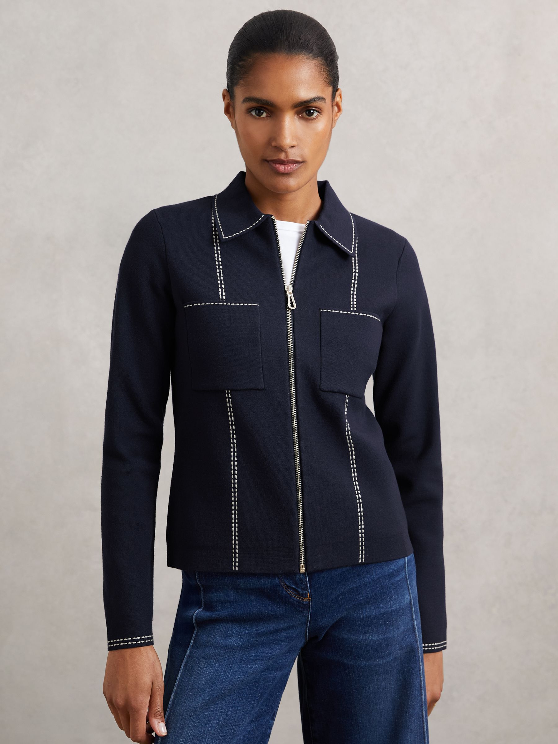 Stitch-Detail Zip-Through Cardigan in Navy - Image 4 of 6