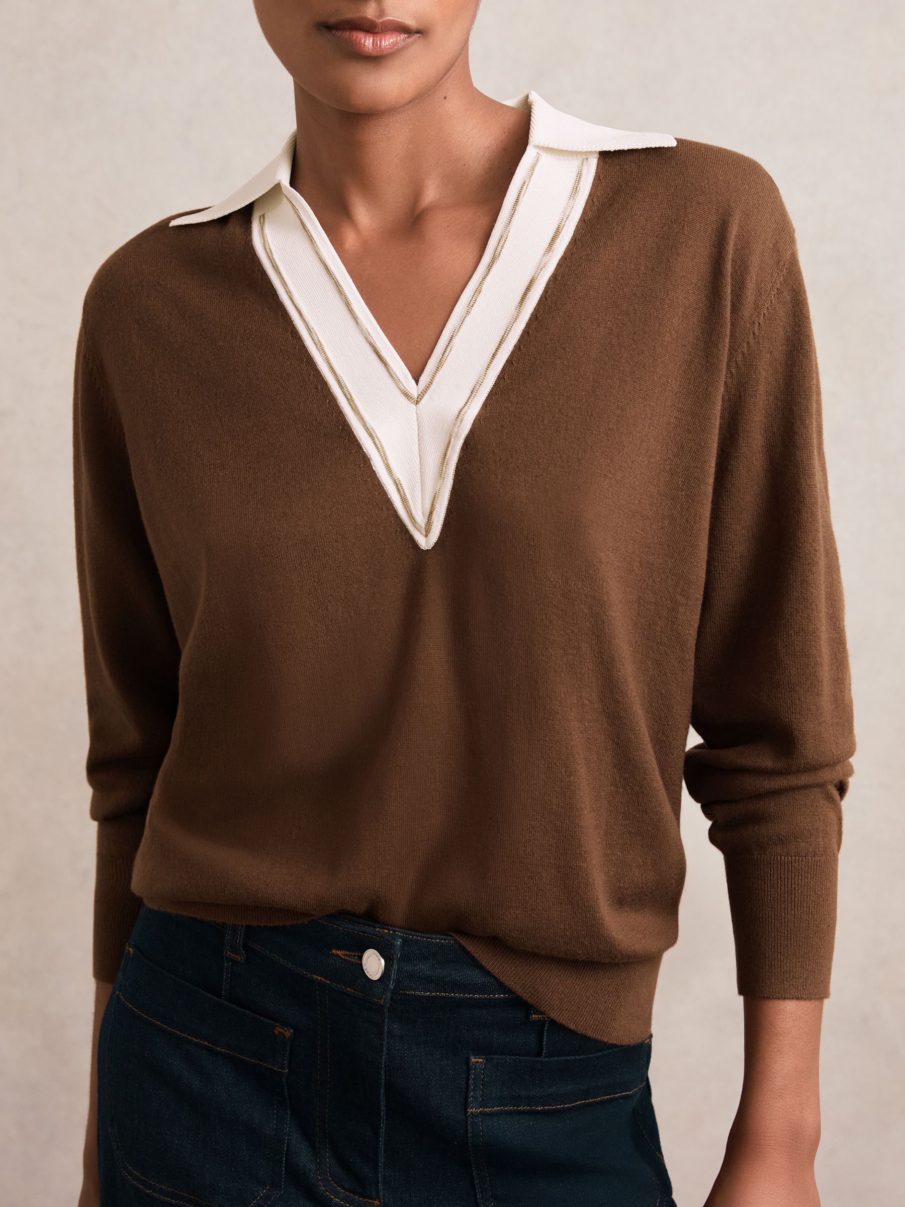 Wool Collared Cricket Jumper in Chocolate Brown/Ivory - Image 1 of 6 Wool Collared Cricket Jumper in Chocolate Brown/Ivory - Image 1 of 6