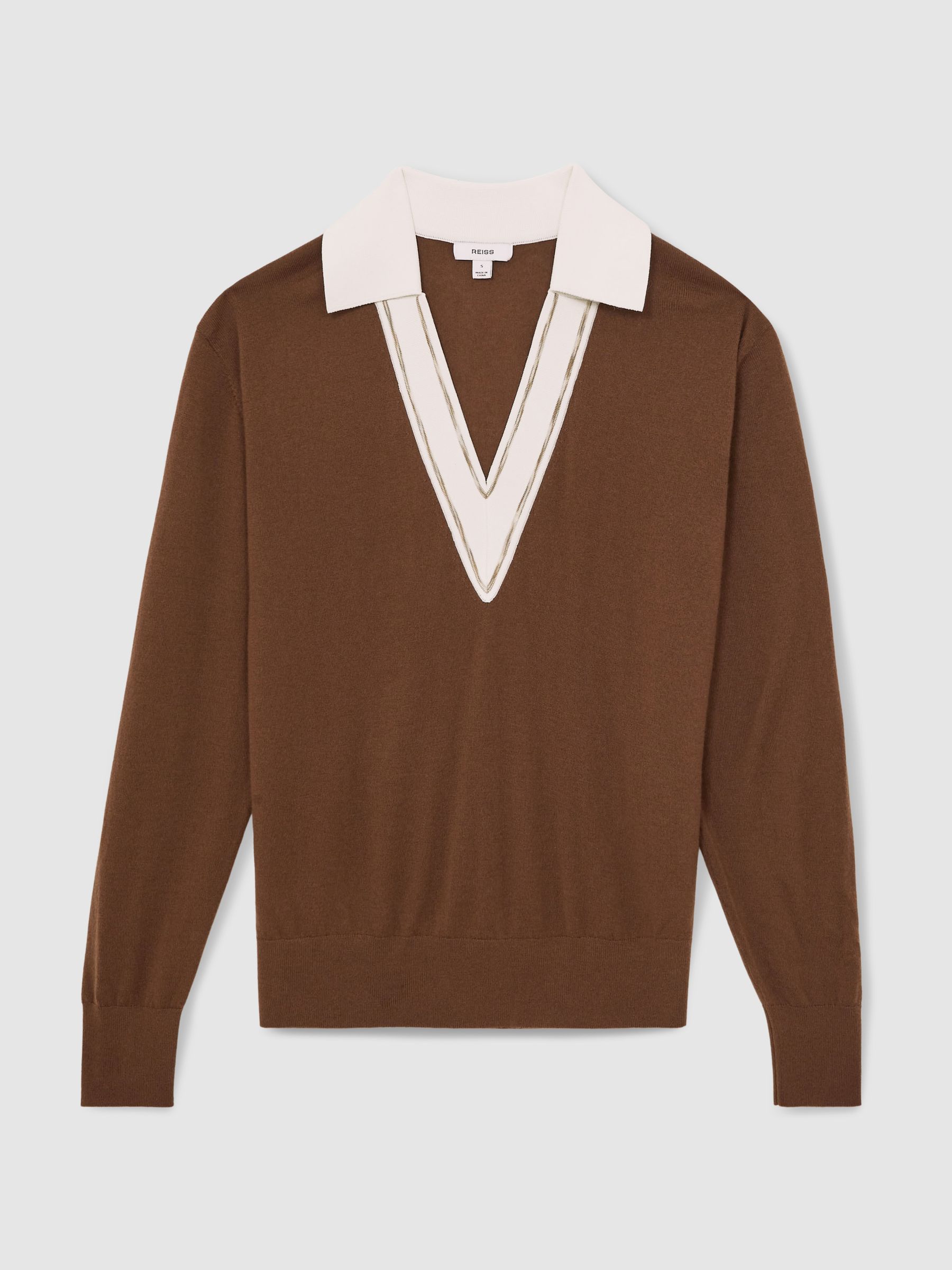 Wool Collared Cricket Jumper in Chocolate Brown/Ivory - Image 2 of 6