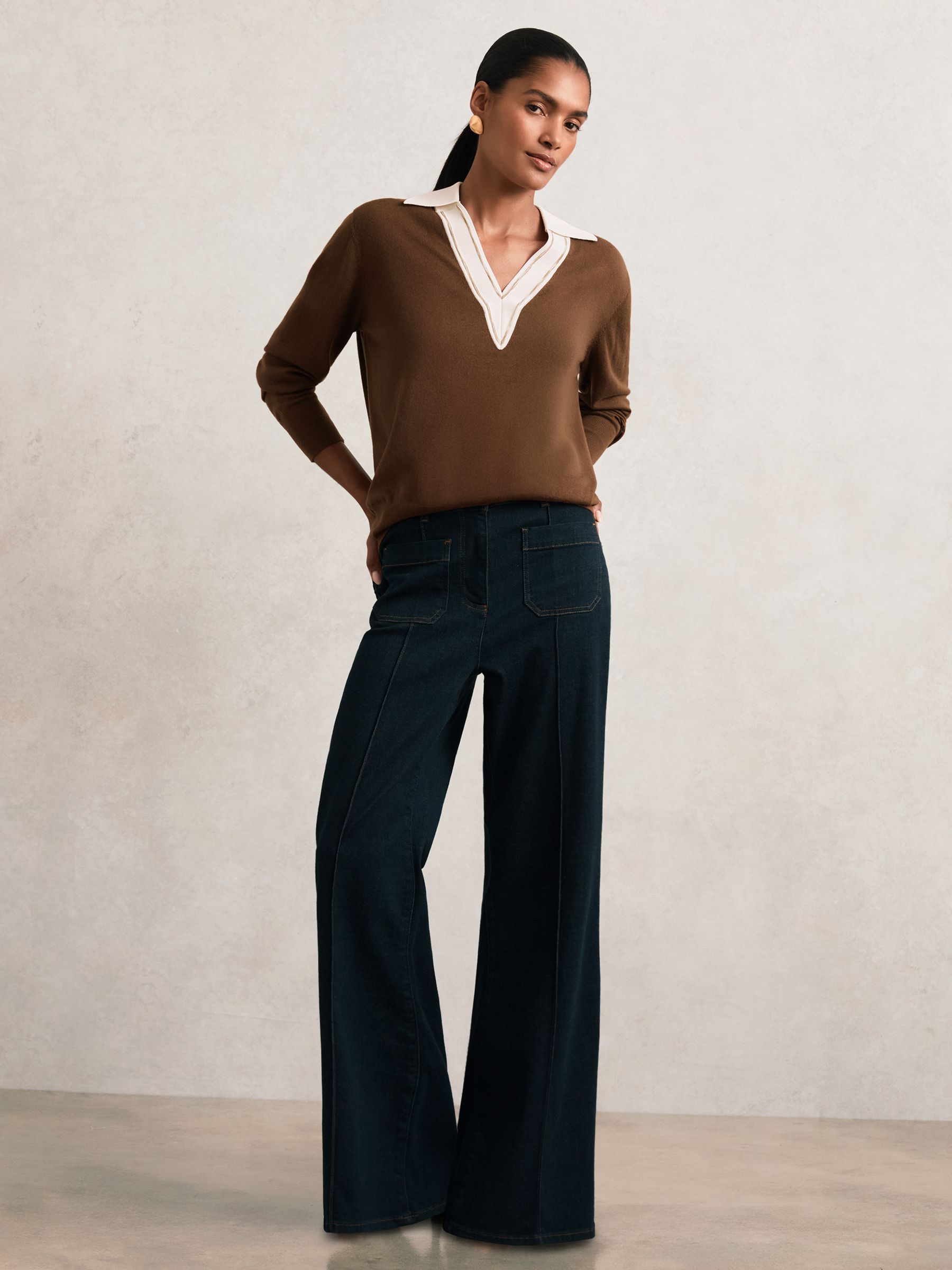 Wool Collared Cricket Jumper in Chocolate Brown/Ivory - image 3