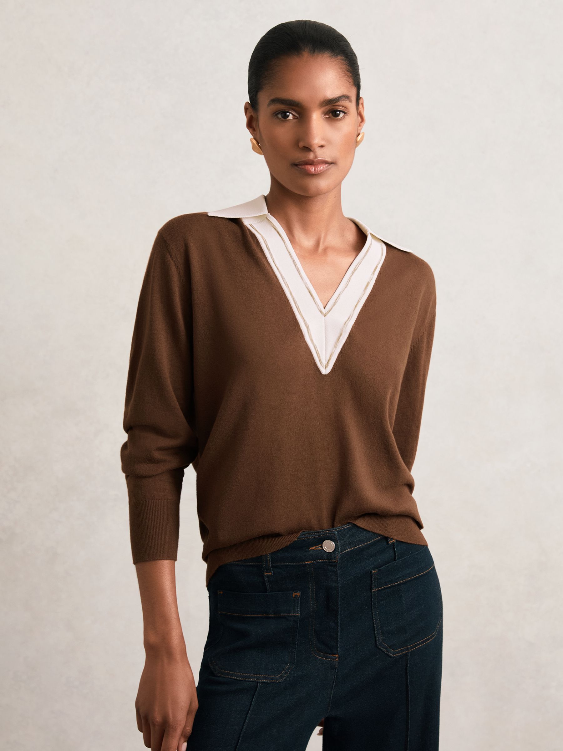 Wool Collared Cricket Jumper in Chocolate Brown/Ivory - image 4