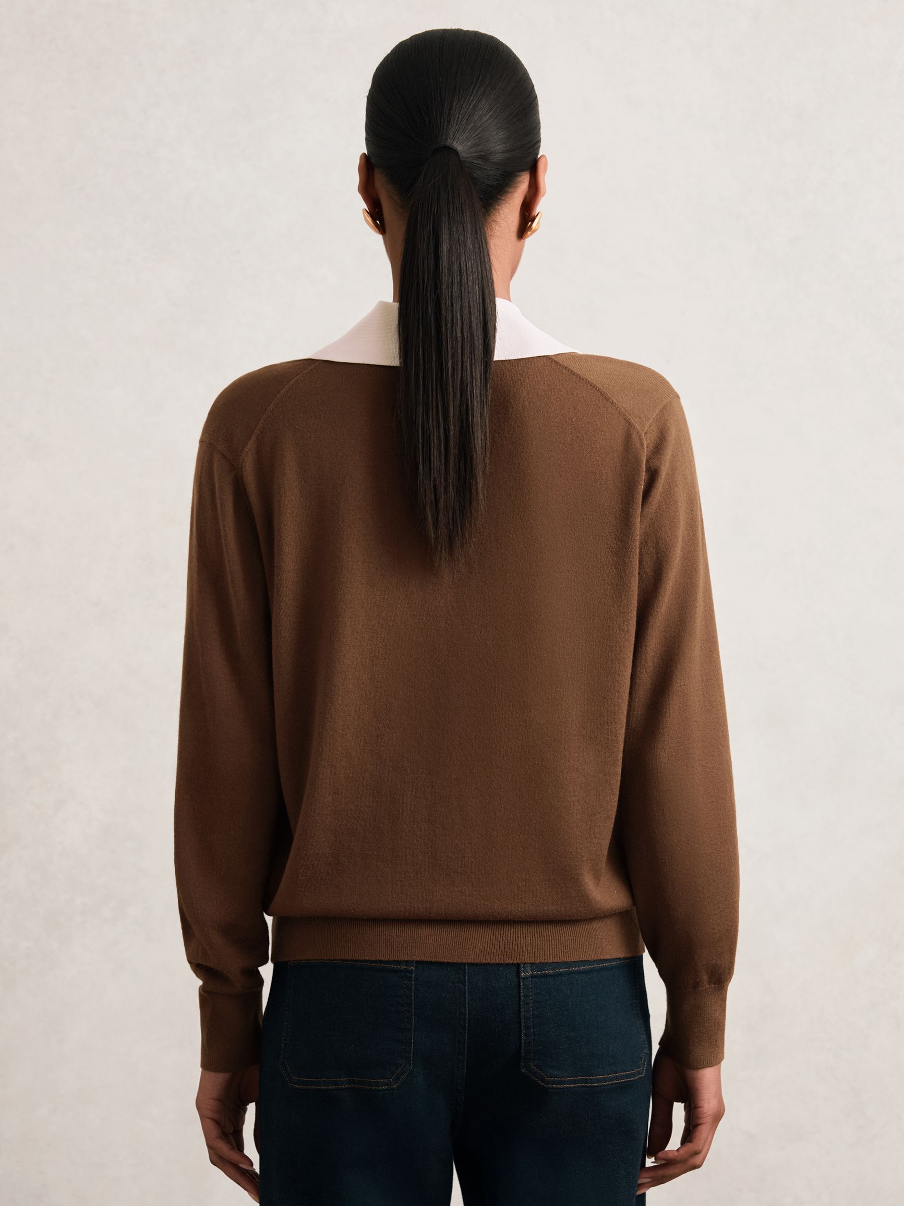 Wool Collared Cricket Jumper in Chocolate Brown/Ivory - image 5
