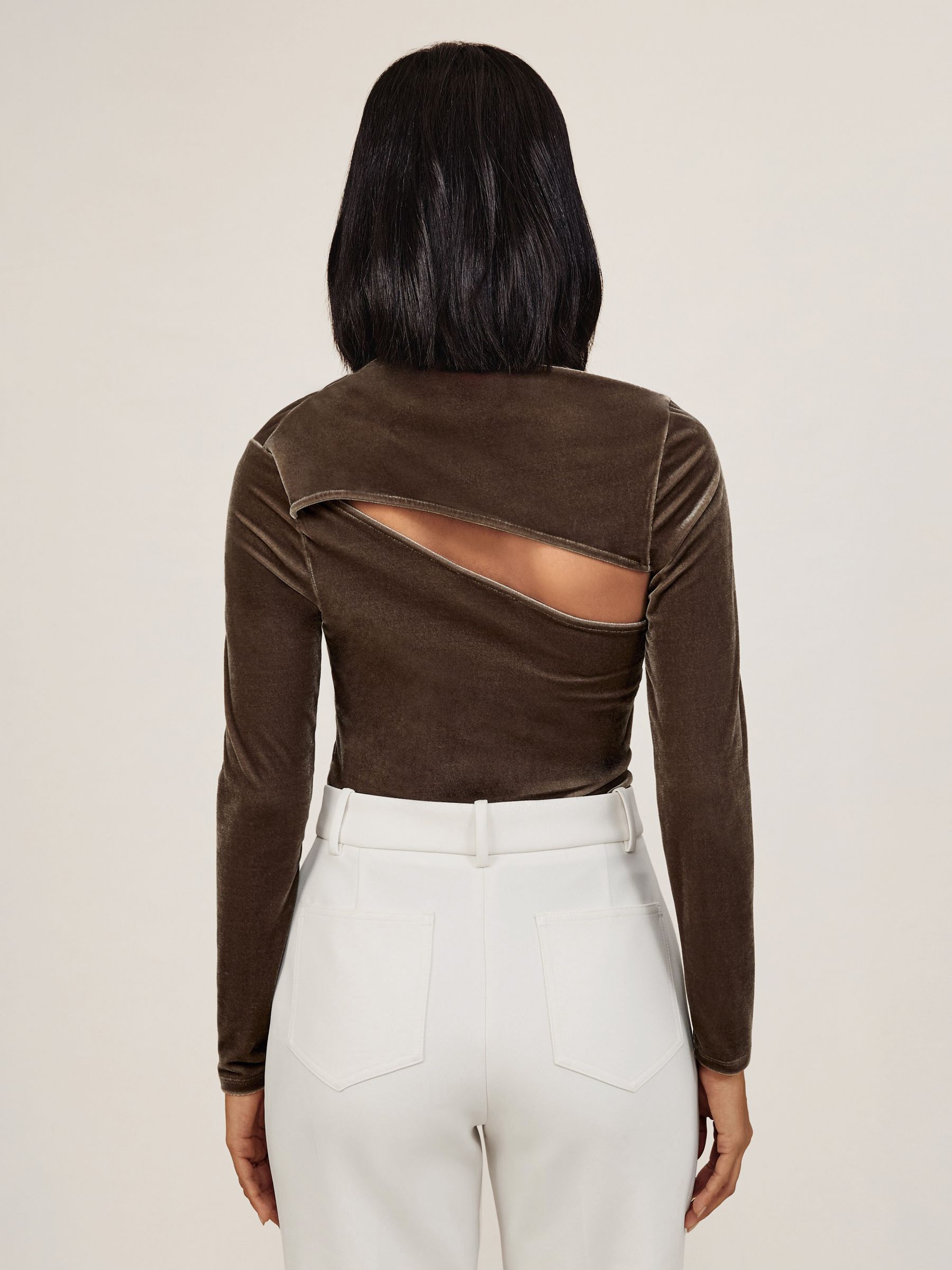 Velvet Cut-Out Long-Sleeve Top in Mocha Brown - Image 4 of 5