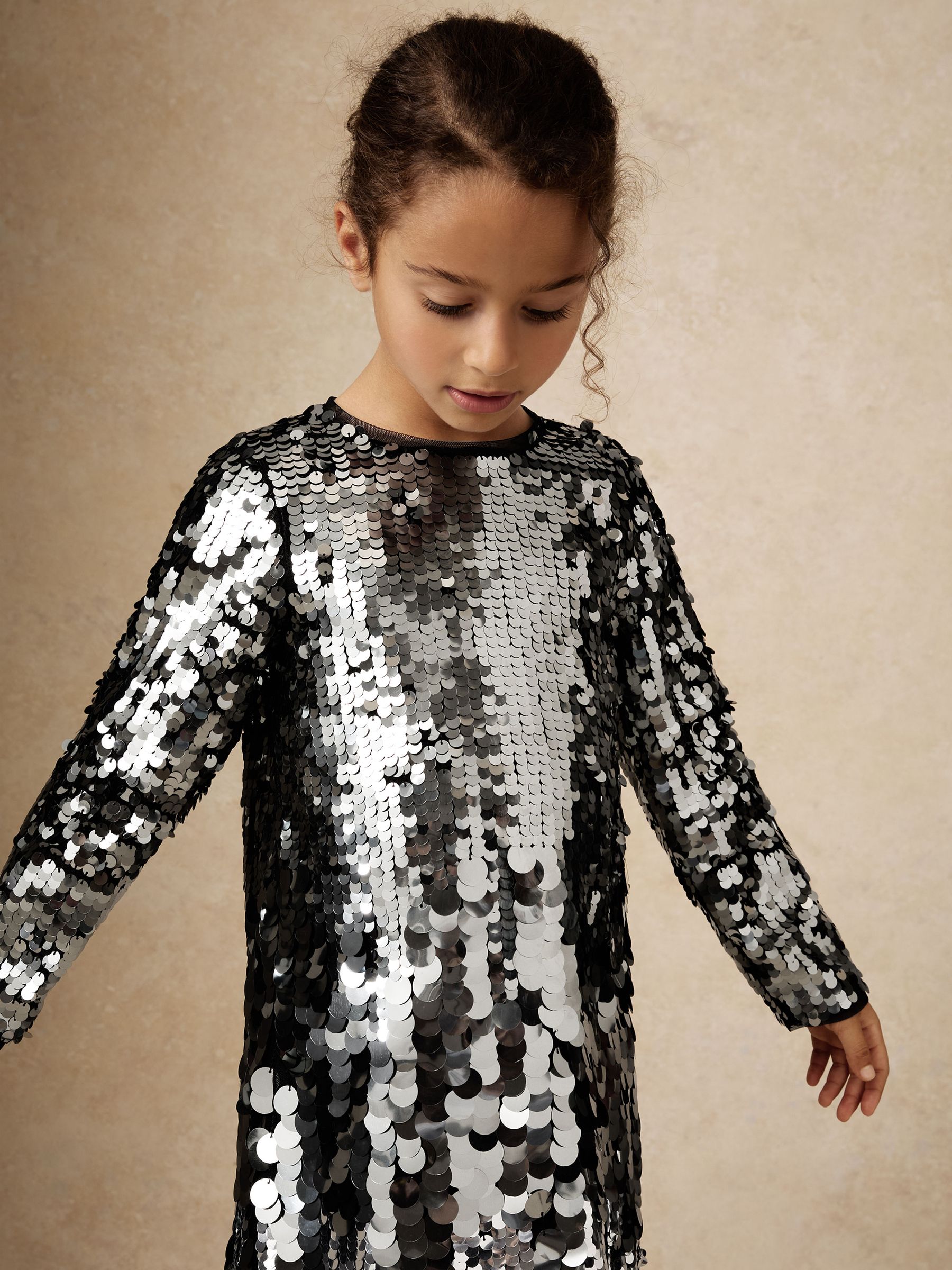 3-9 yrs Sequin-Embellished Shift Dress in Silver - Image 4 of 5