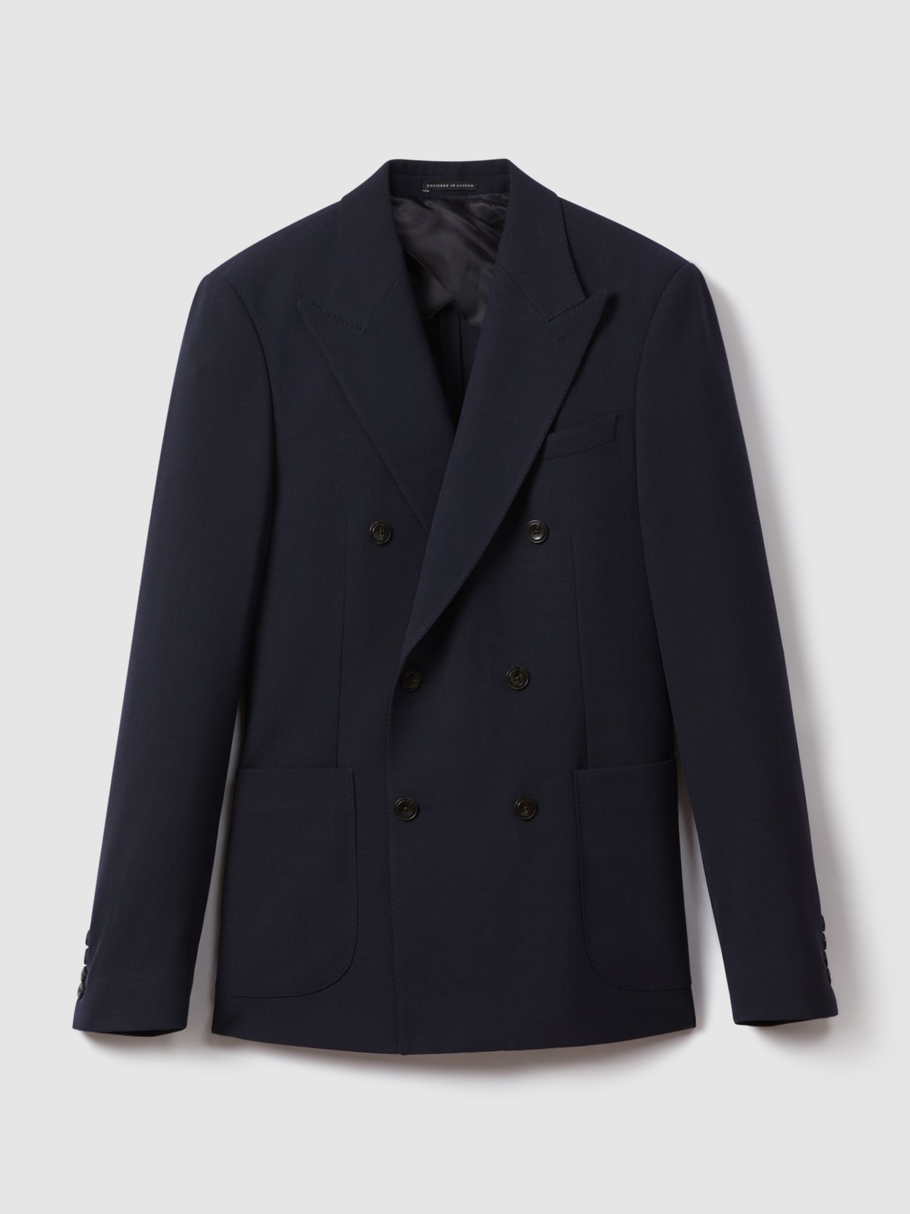 Double-Breasted Textured Suit Blazer Slim-Fit With Wool in Navy - Image 2 of 8