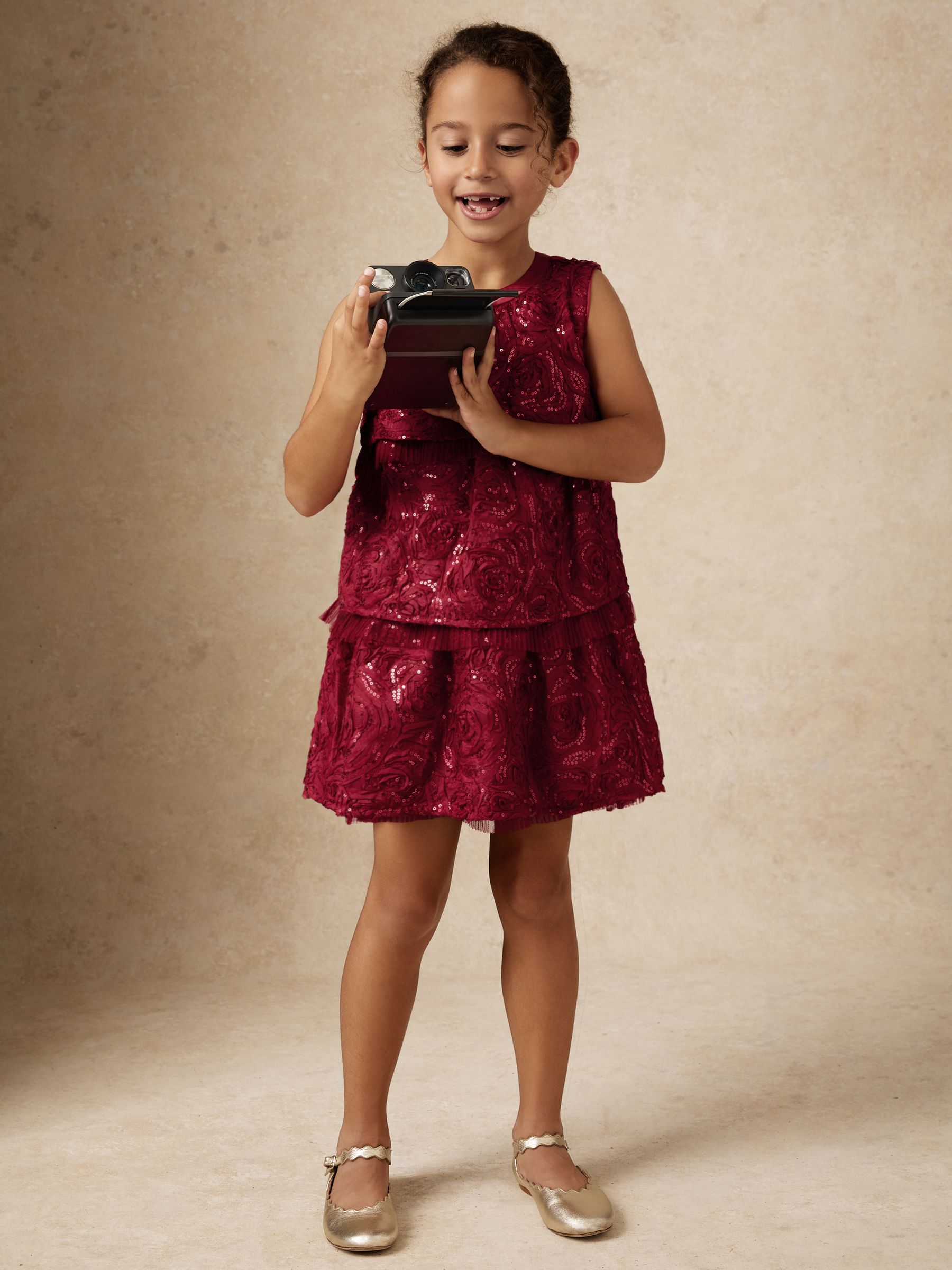 3-9 yrs Sequin-Embellished Tiered Dress in Red - Image 1 of 5