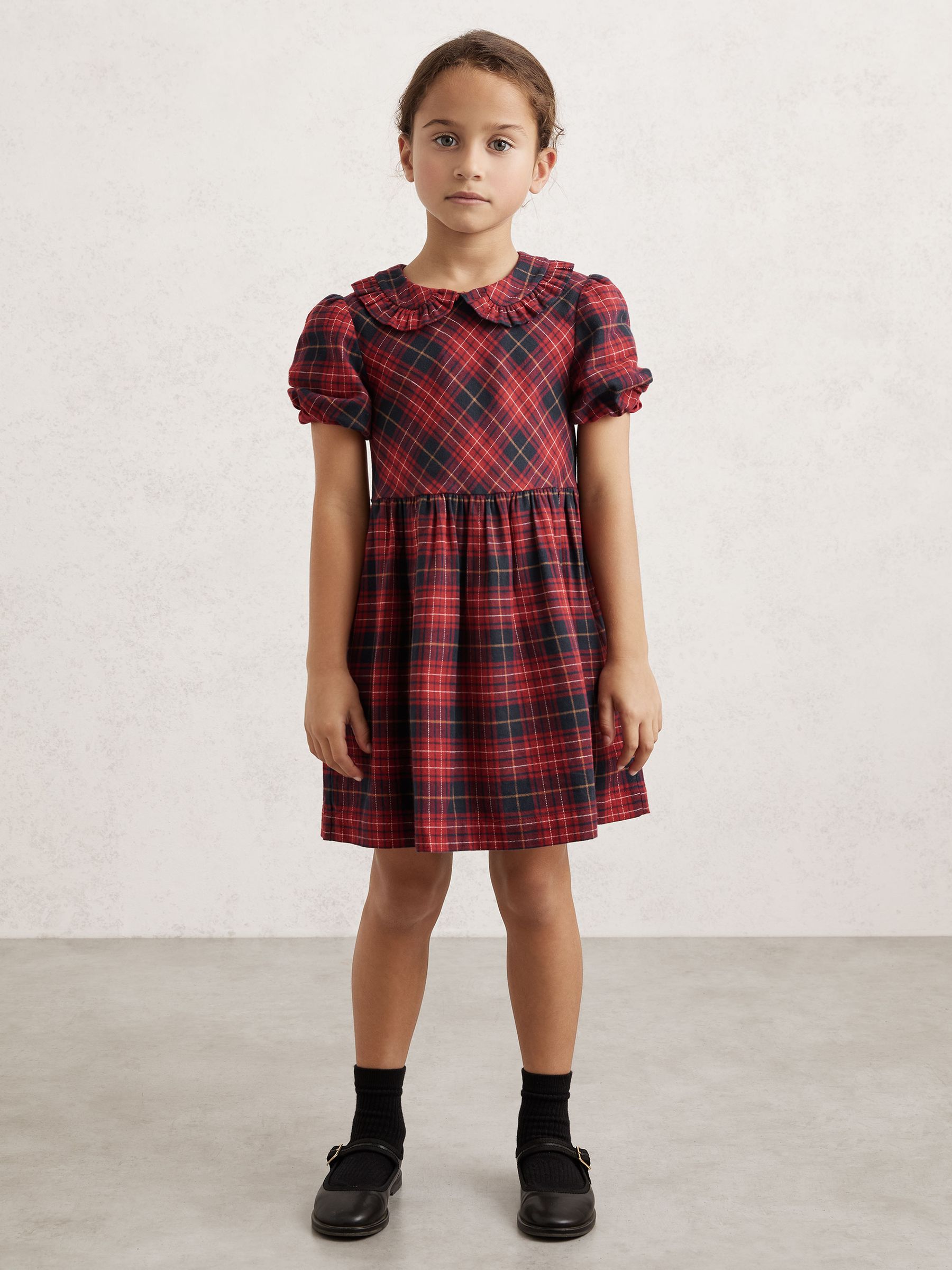 Cotton Peter-Pan Collar Tartan Dress in Red - Image 1 of 4 Cotton Peter-Pan Collar Tartan Dress in Red - Image 1 of 4