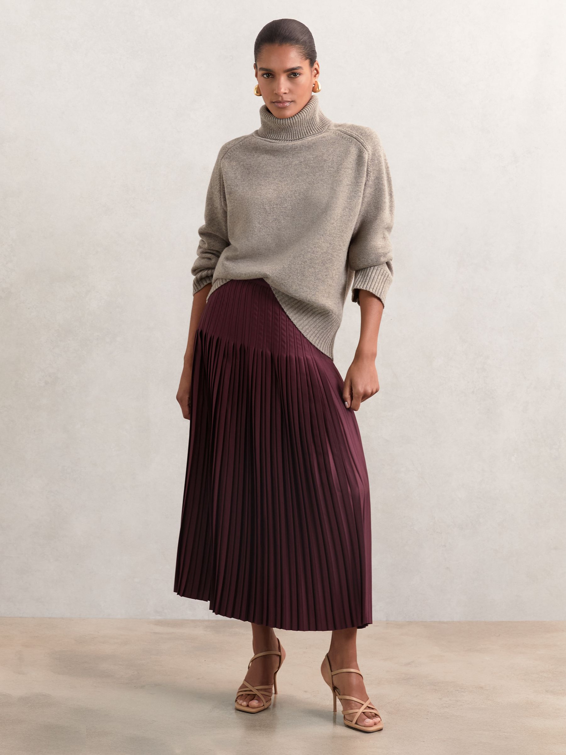 Pleated Midi Skirt in Burgundy - Image 3 of 7