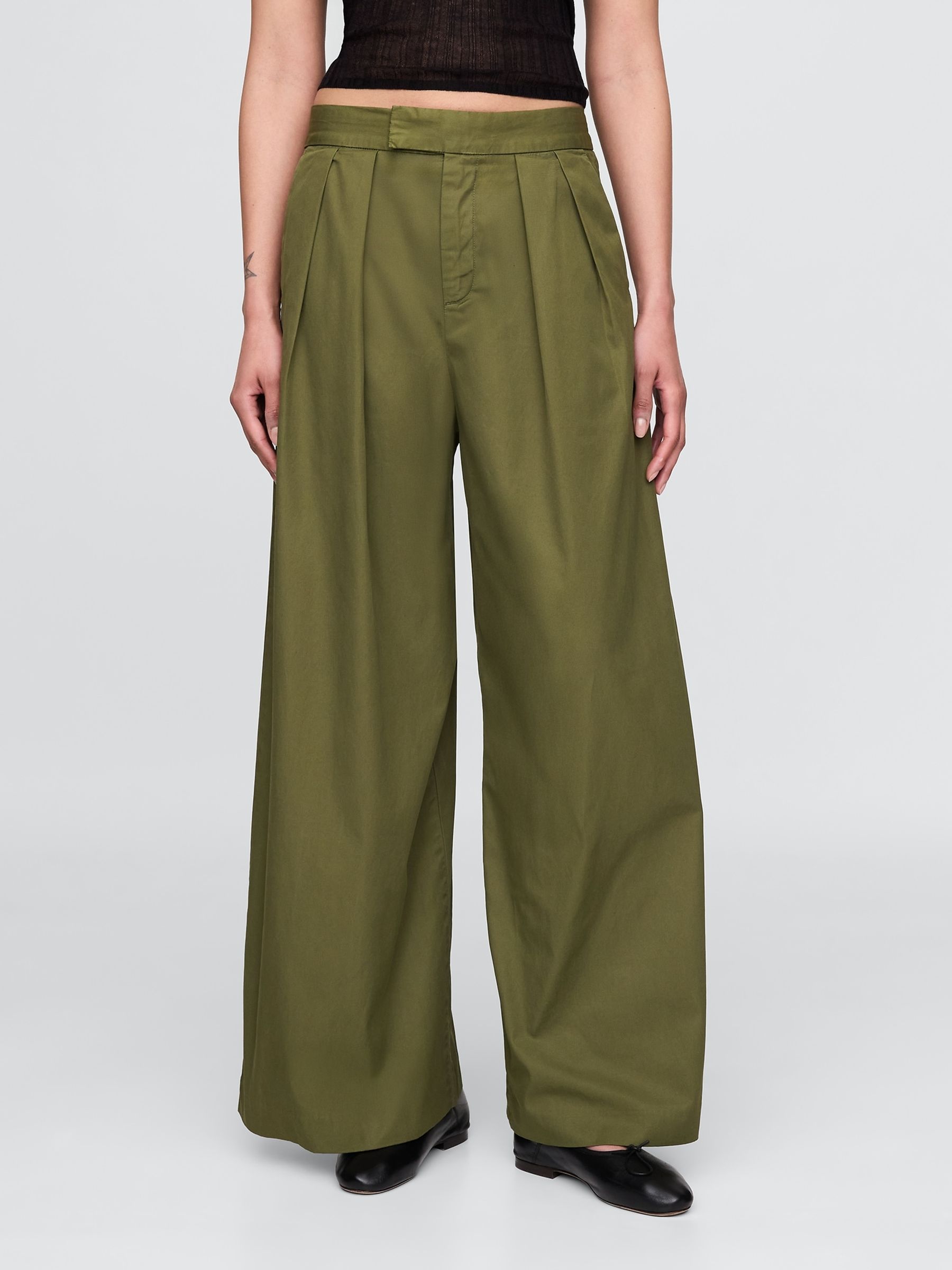 Olive Green Cotton High Waisted Pleated Wide-Leg Chino Trousers Gap