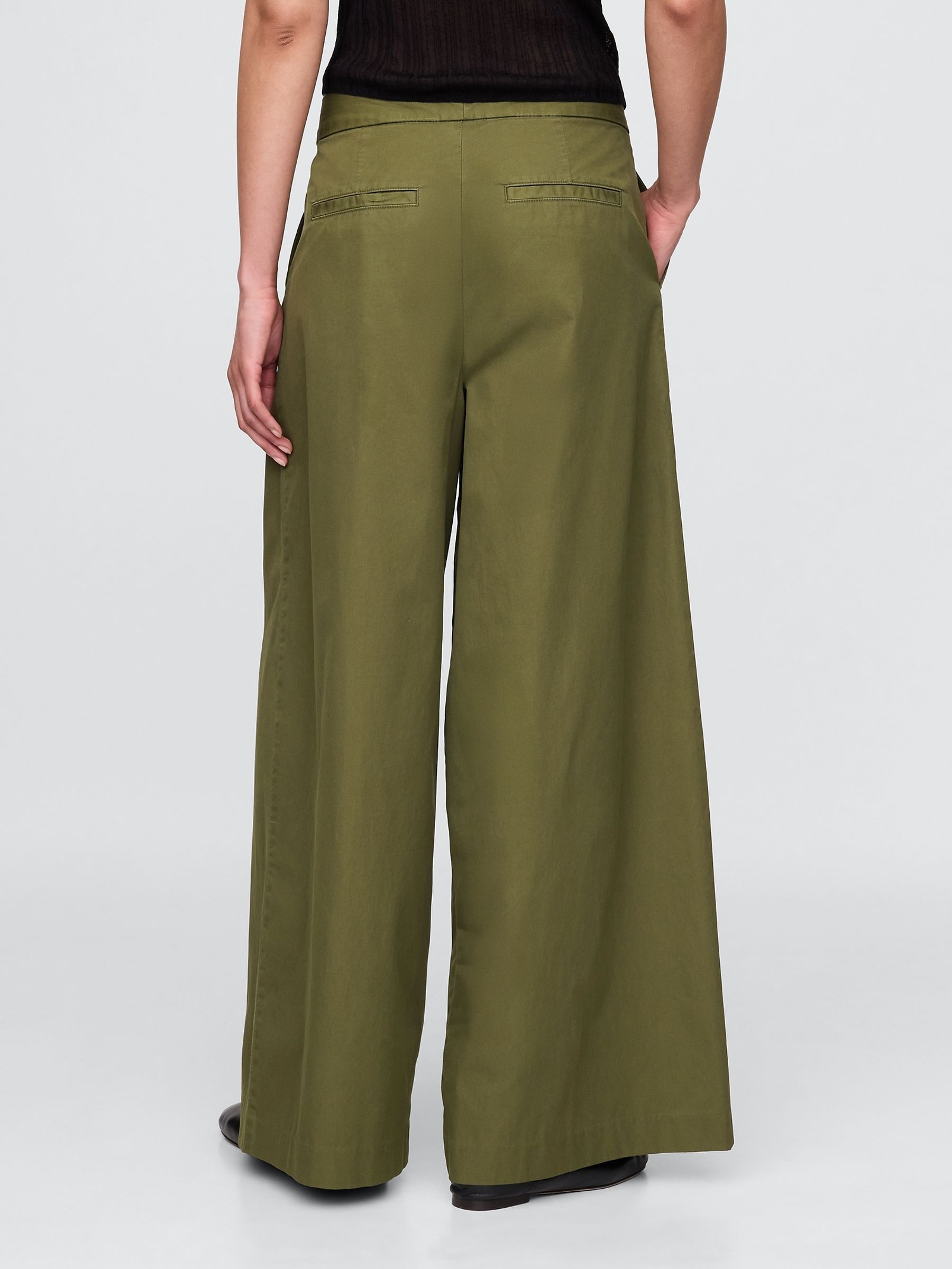 Olive Green Ultrasoft High Waisted Twill Pleated Wide-Leg Chinos - Image 2 of 5