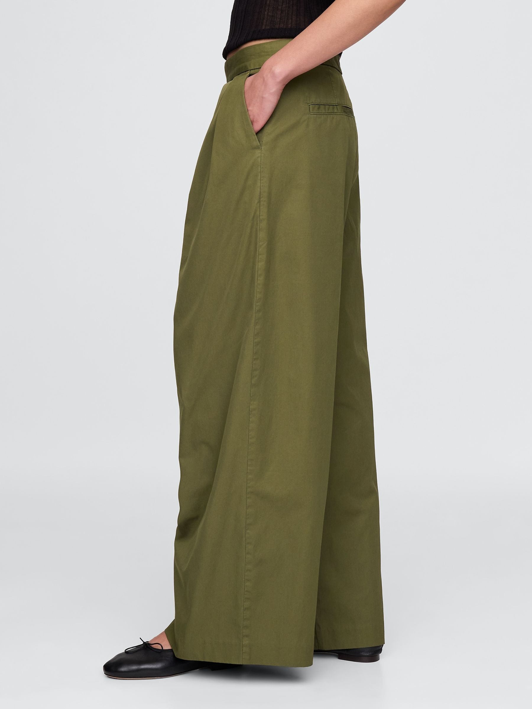 Olive Green Ultrasoft High Waisted Twill Pleated Wide-Leg Chinos - Image 3 of 5