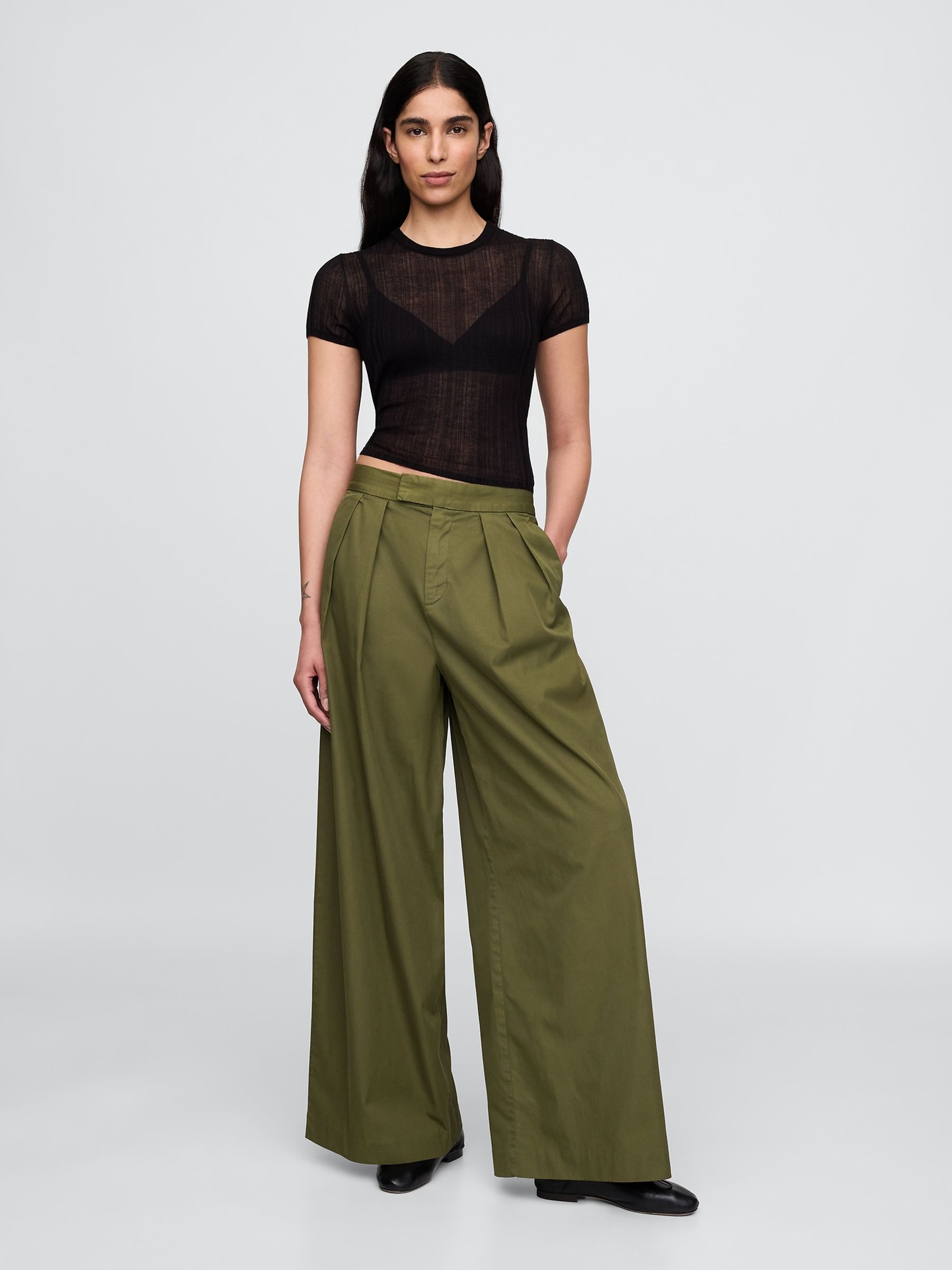 Olive Green Ultrasoft High Waisted Twill Pleated Wide-Leg Chinos - Image 4 of 5