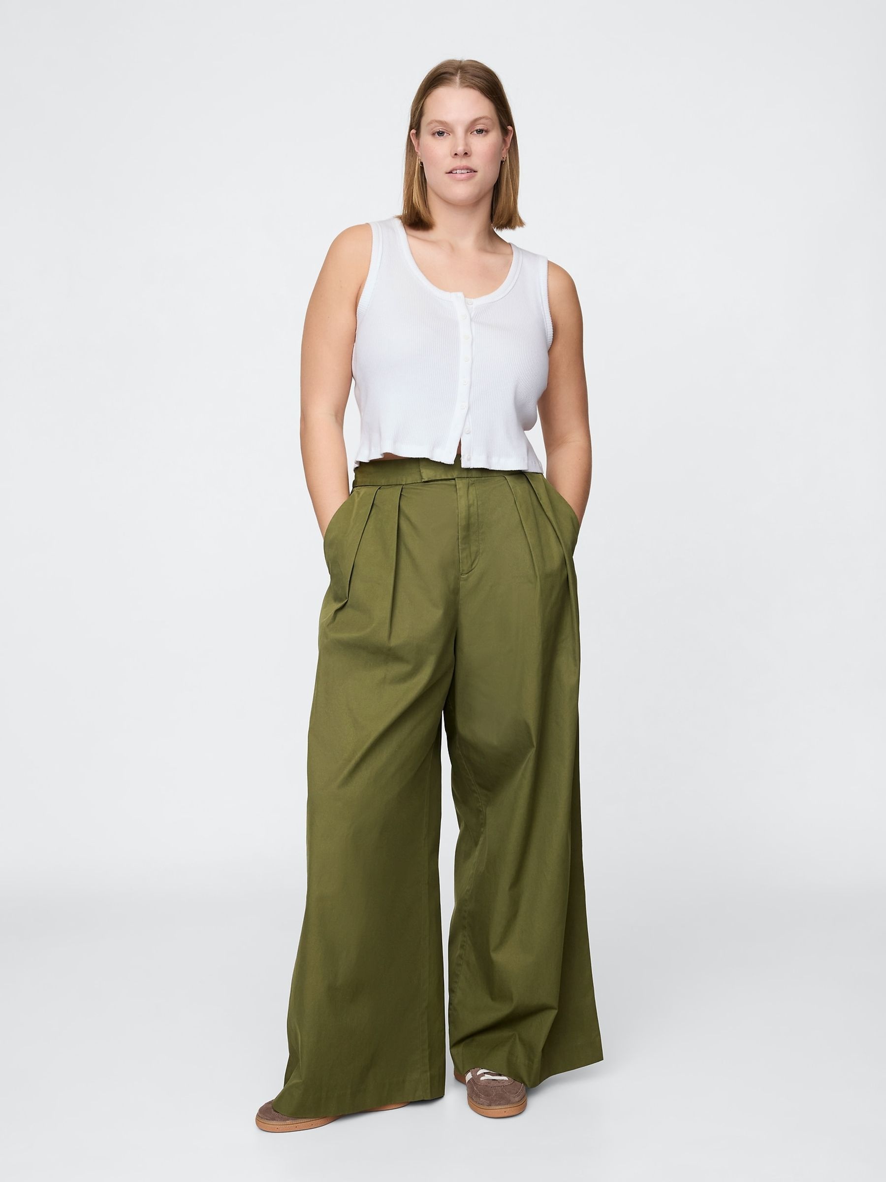Olive Green Ultrasoft High Waisted Twill Pleated Wide-Leg Chinos - Image 5 of 5