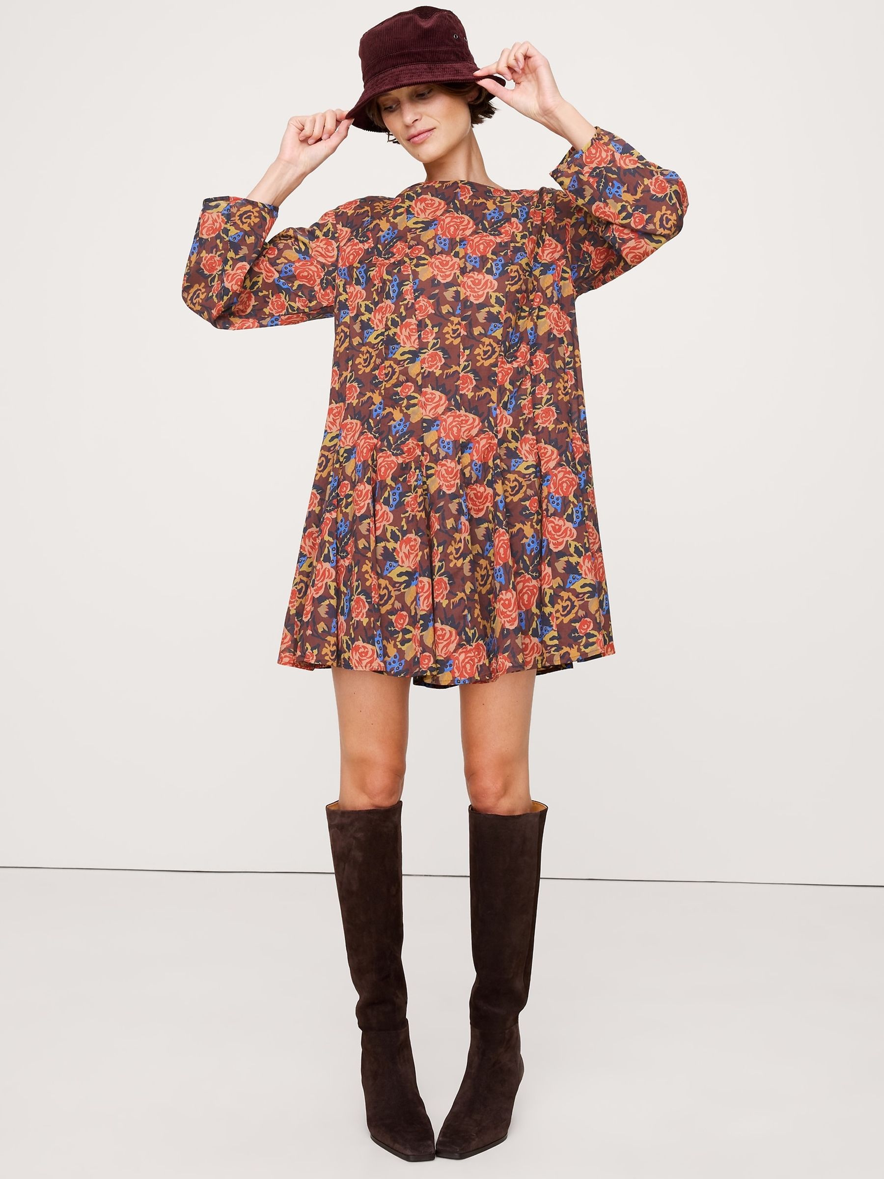 Banana Republic Brown/Red Floral Cotton Mini Dress - Image 1 of 1