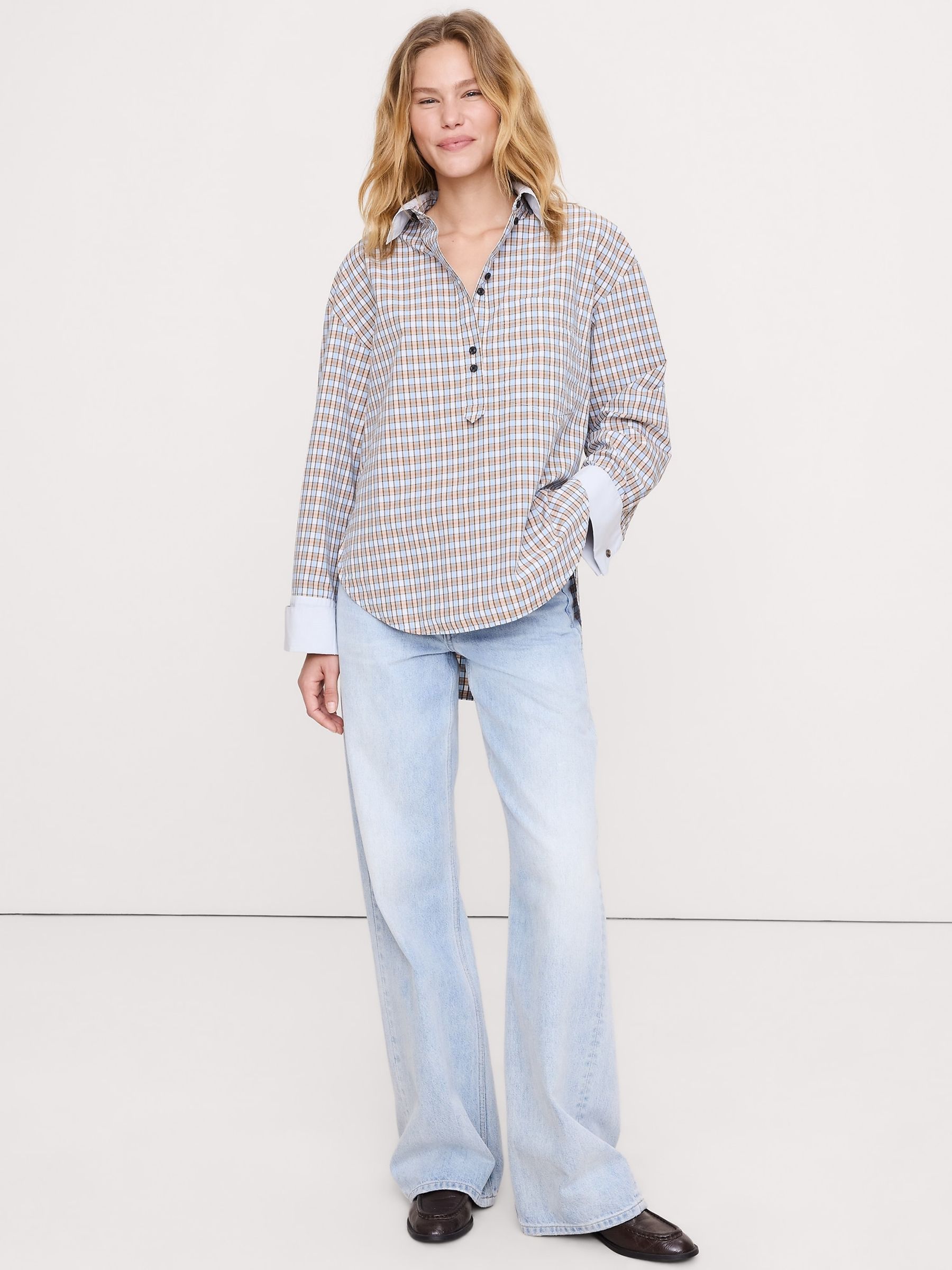 Banana Republic Blue/Brown Check Oversized Cotton Poplin Banker Shirt - Image 1 of 4 Banana Republic Blue/Brown Check Oversized Cotton Poplin Banker Shirt - Image 1 of 4